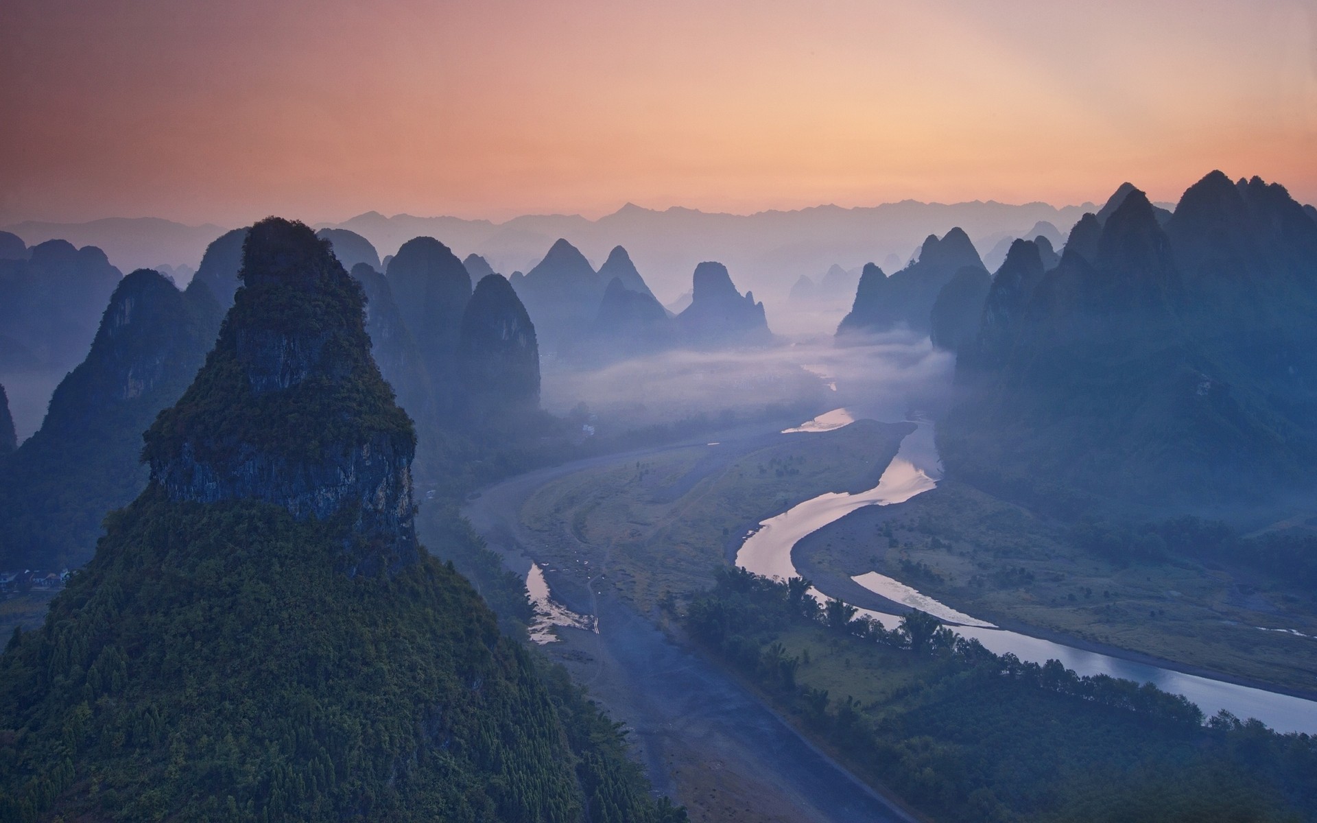 Misty mountains and river landscape in China HD Wallpaper