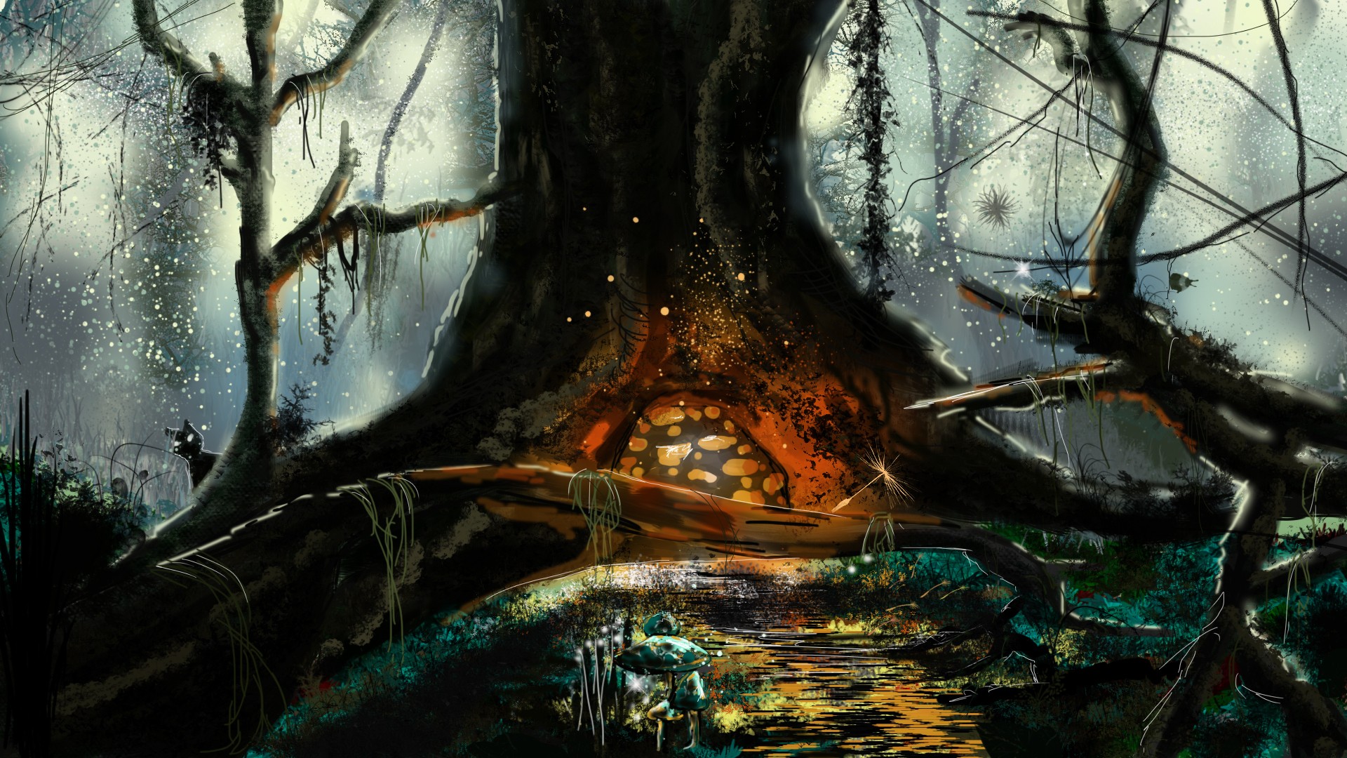 Fantasy art of a mystical forest with a glowing tree hollow HD Wallpaper