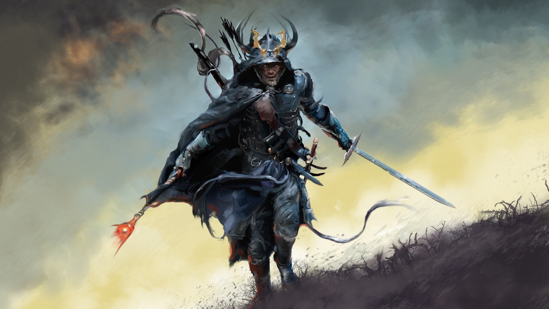 Fantasy warrior in armor with sword and bow HD Wallpaper