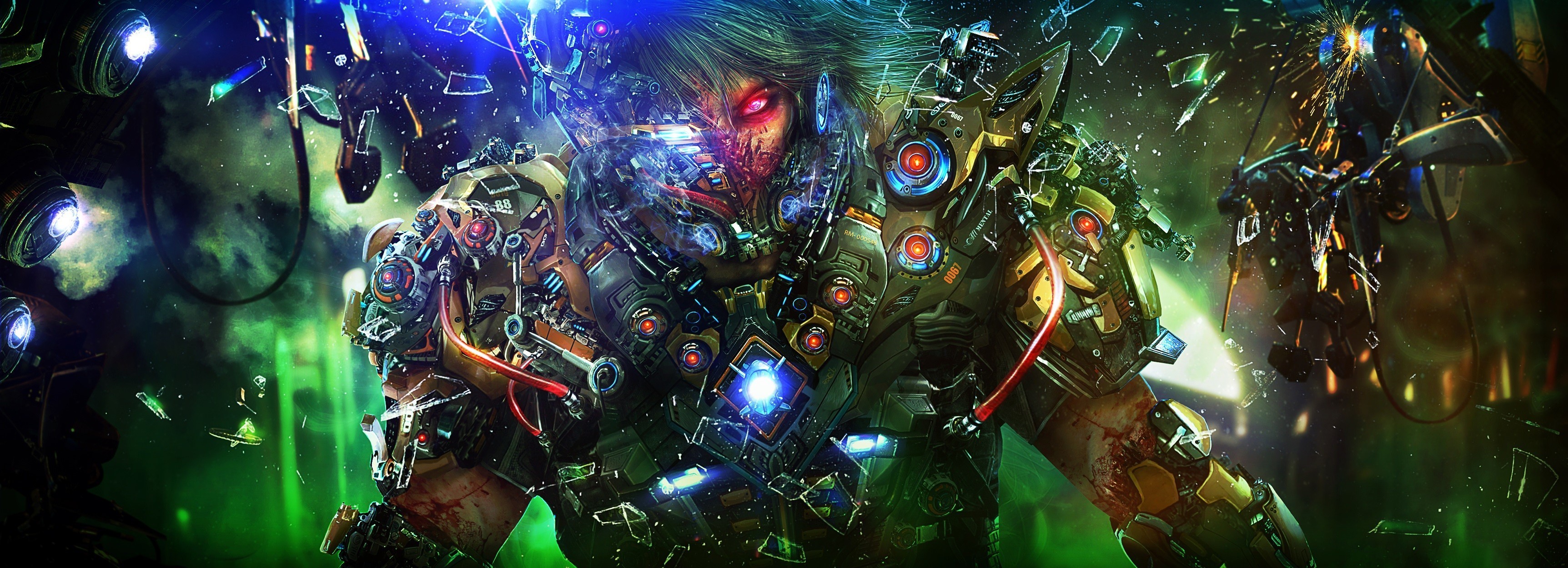 Cyborg warrior with glowing red eyes and mechanical armor HD Wallpaper