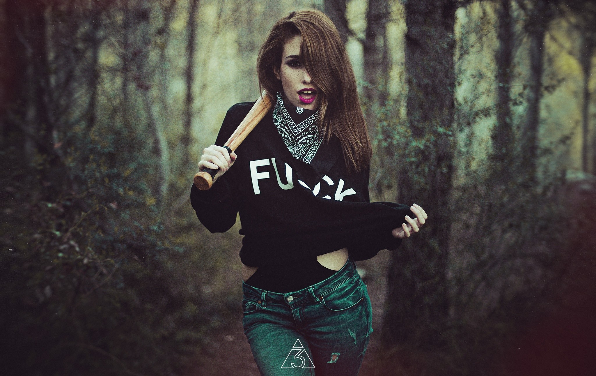Woman with baseball bat in forest HD Wallpaper