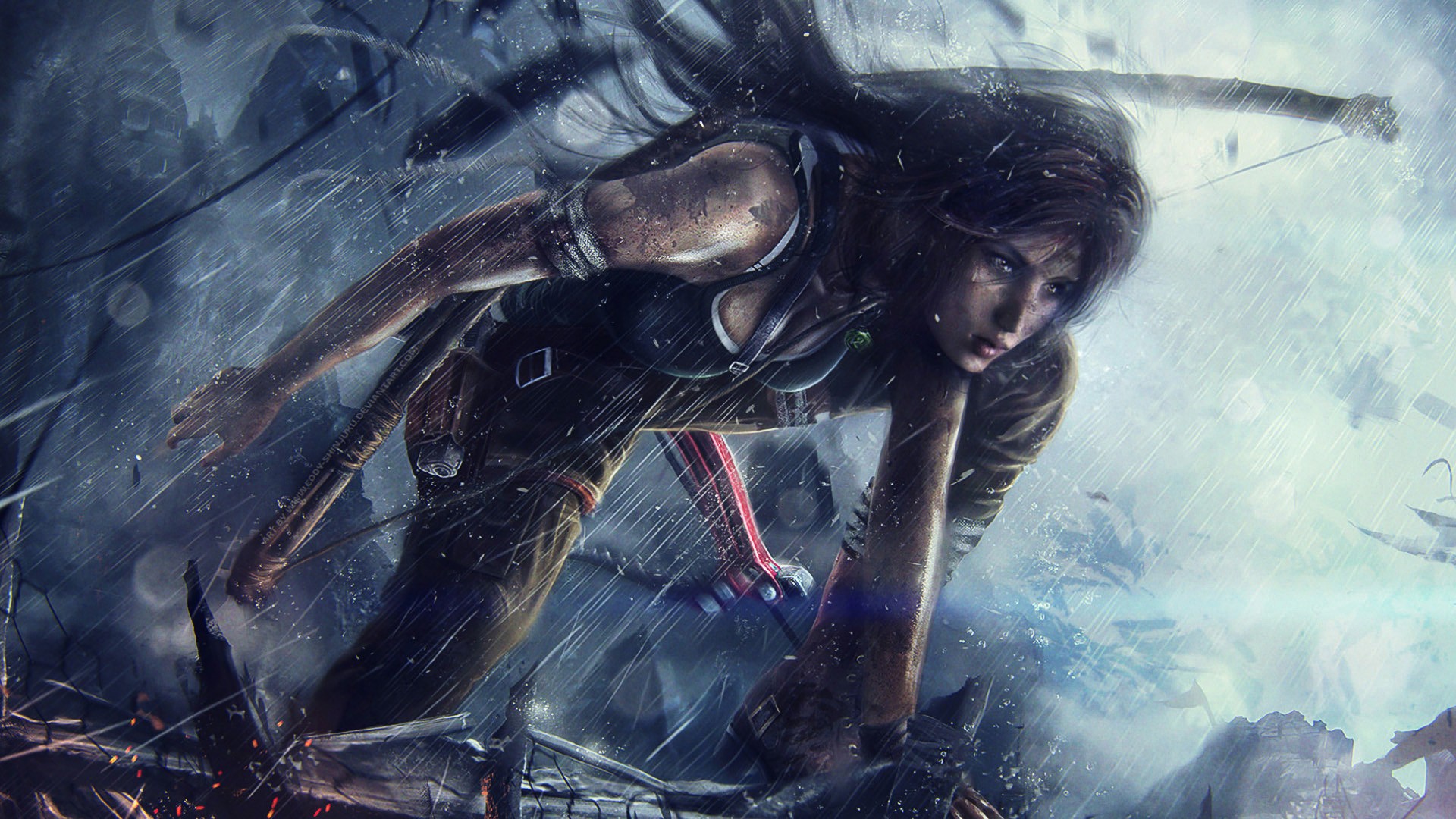 Tomb Raider artwork of Lara Croft in the rain HD Wallpaper