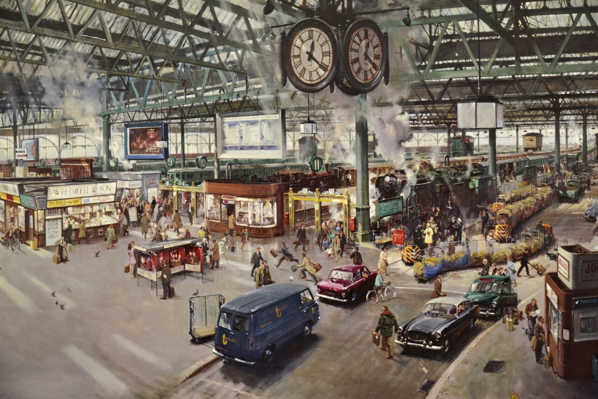Painting of a busy train station with people and trains HD Wallpaper