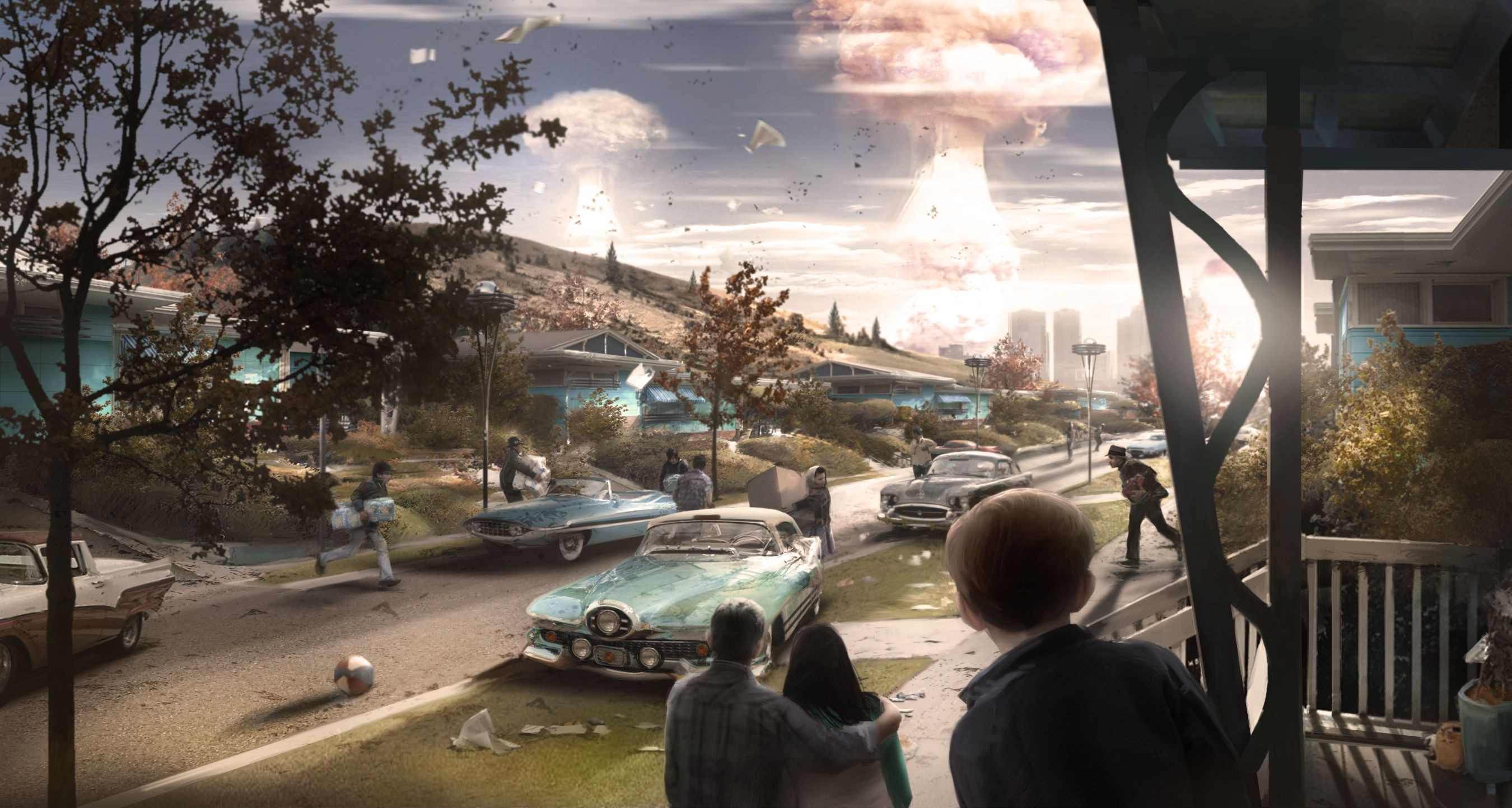 Fallout 4 concept art of nuclear explosions over a suburban neighborhood HD Wallpaper