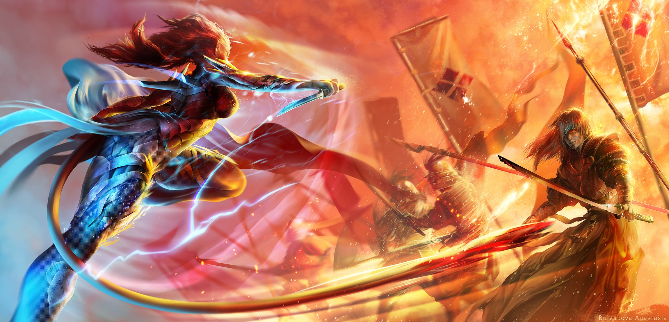 Fantasy warriors clash with elemental powers HD Wallpaper