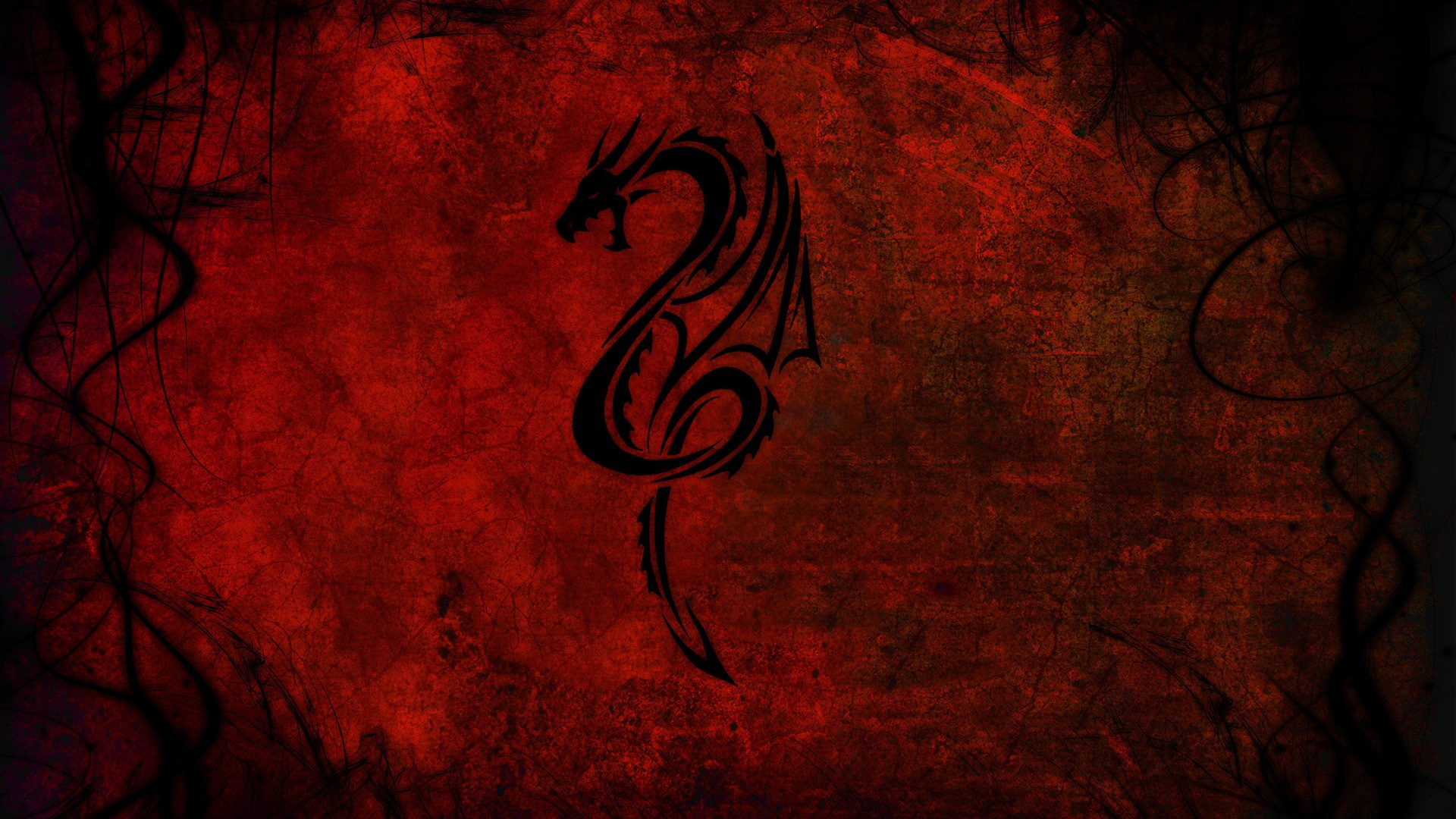 Tribal dragon on a red grunge background HD Wallpaper