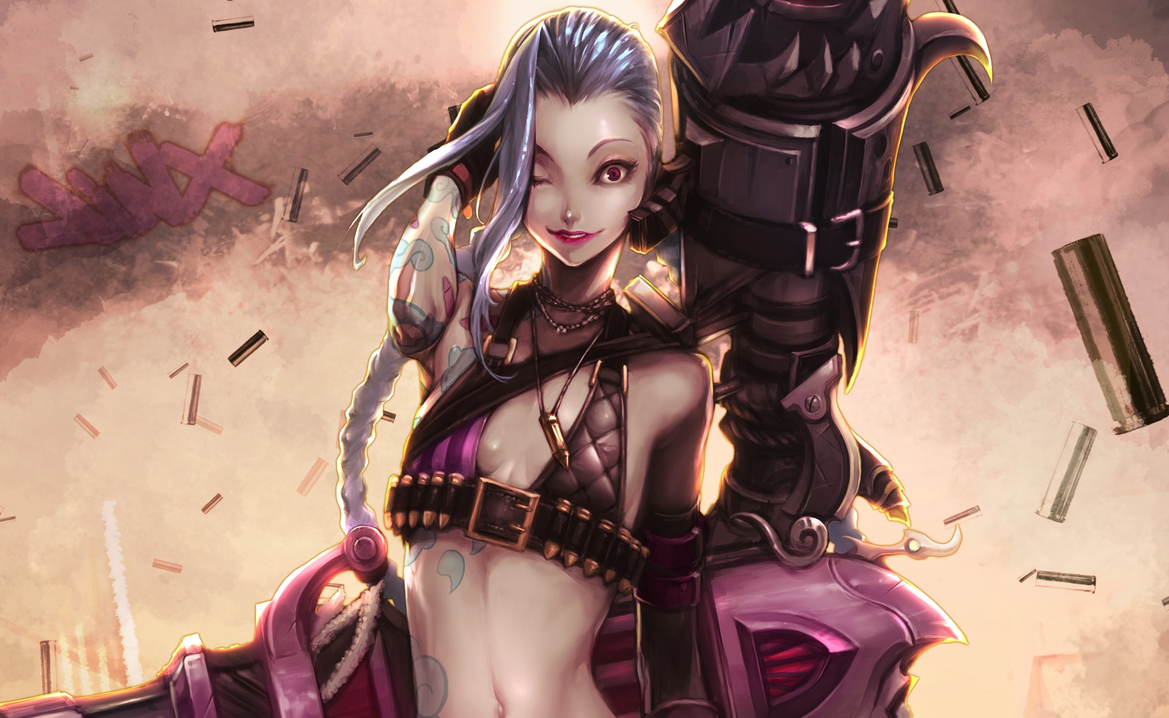 Jinx from League of Legends with a large weapon HD Wallpaper