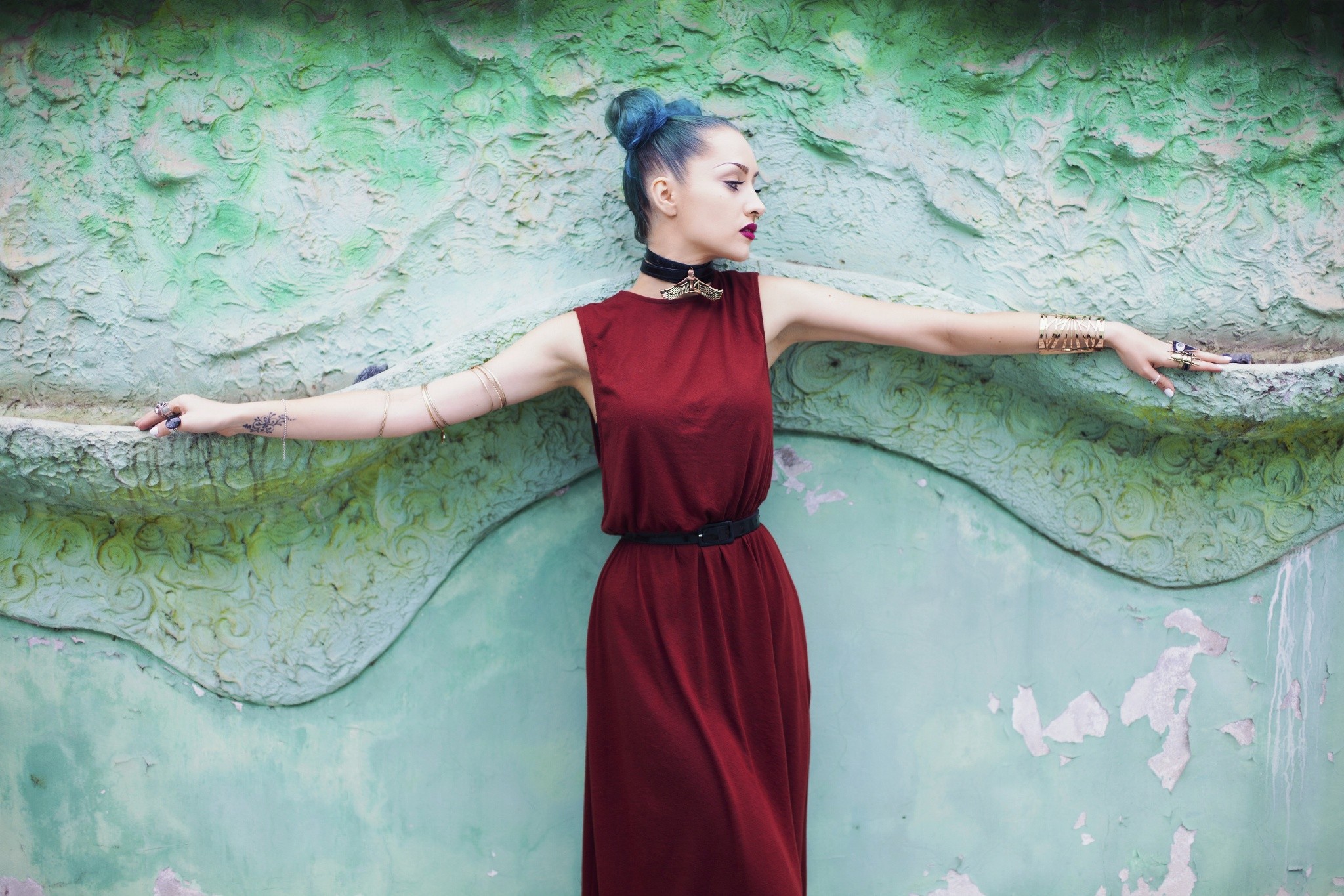 Woman with blue hair in a red dress HD Wallpaper