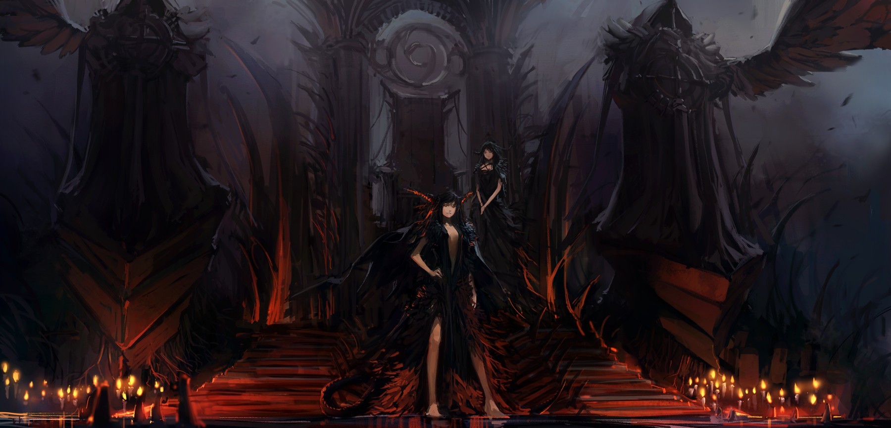 Two women in black dresses in a dark fantasy setting HD Wallpaper