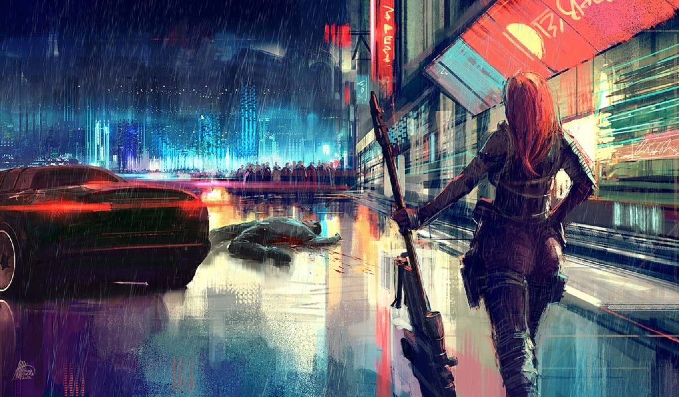 Futuristic city street with a sniper and a fallen body HD Wallpaper