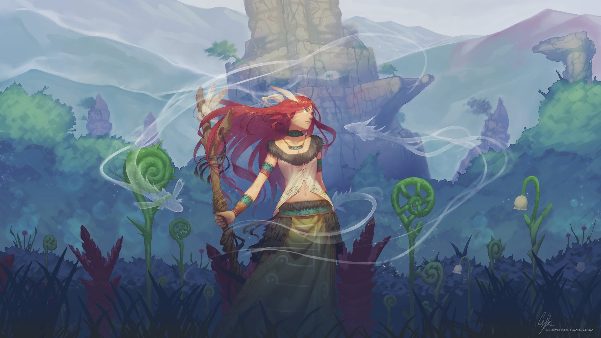 Anime girl with red hair holding a staff in a fantasy landscape HD Wallpaper