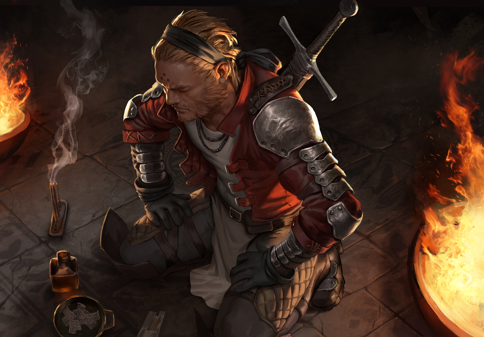 Fantasy warrior kneeling by fire with sword HD Wallpaper