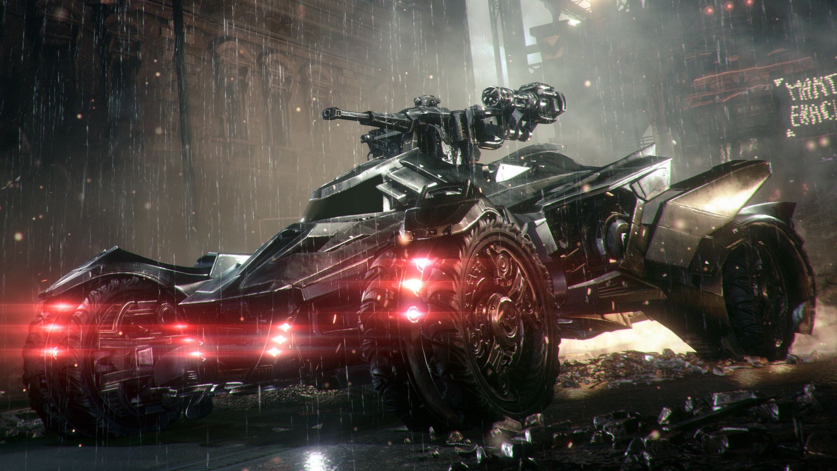 The Batmobile from Batman: Arkham Knight in the rain HD Wallpaper