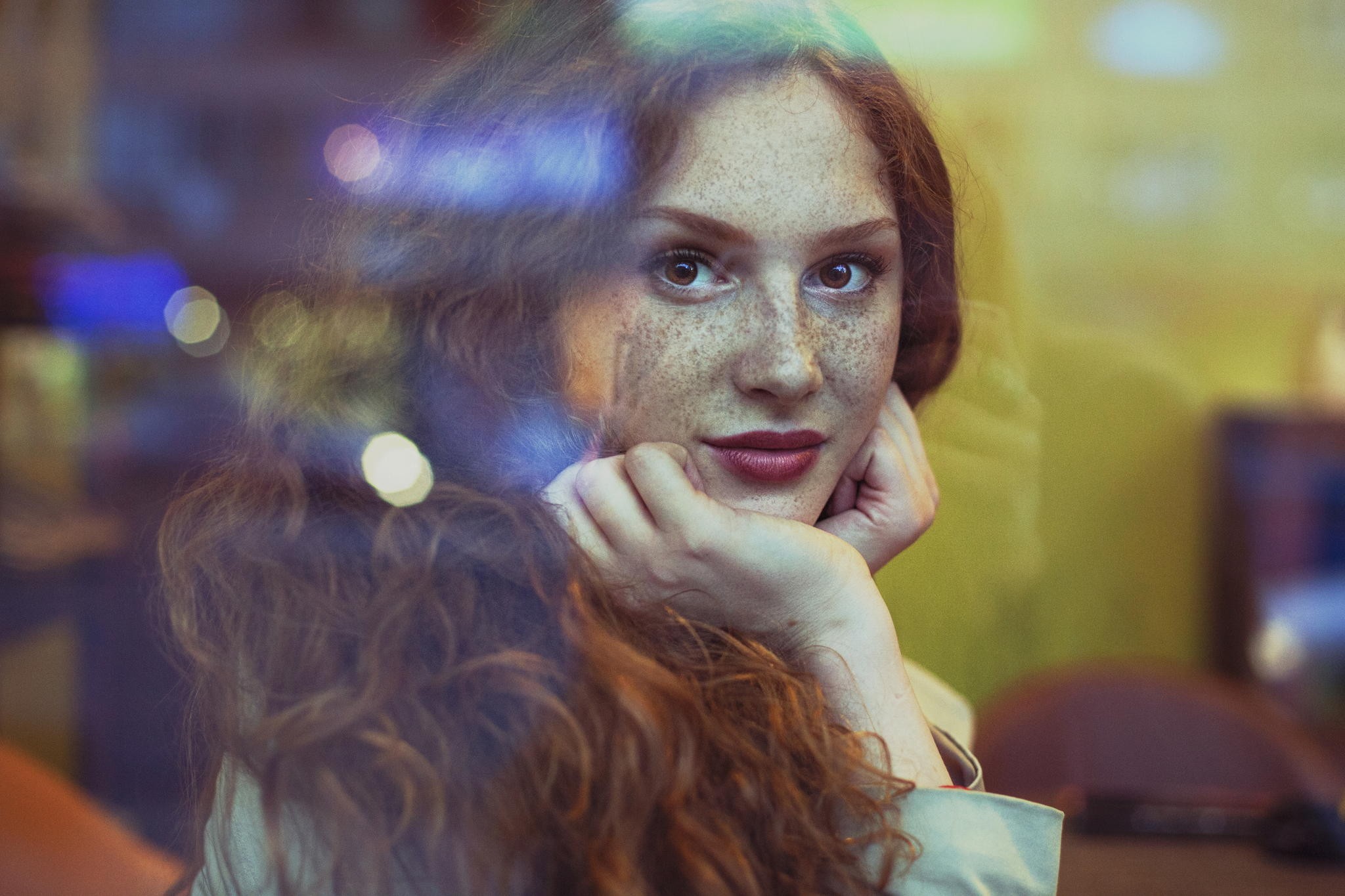 Woman with freckles and long curly hair HD Wallpaper