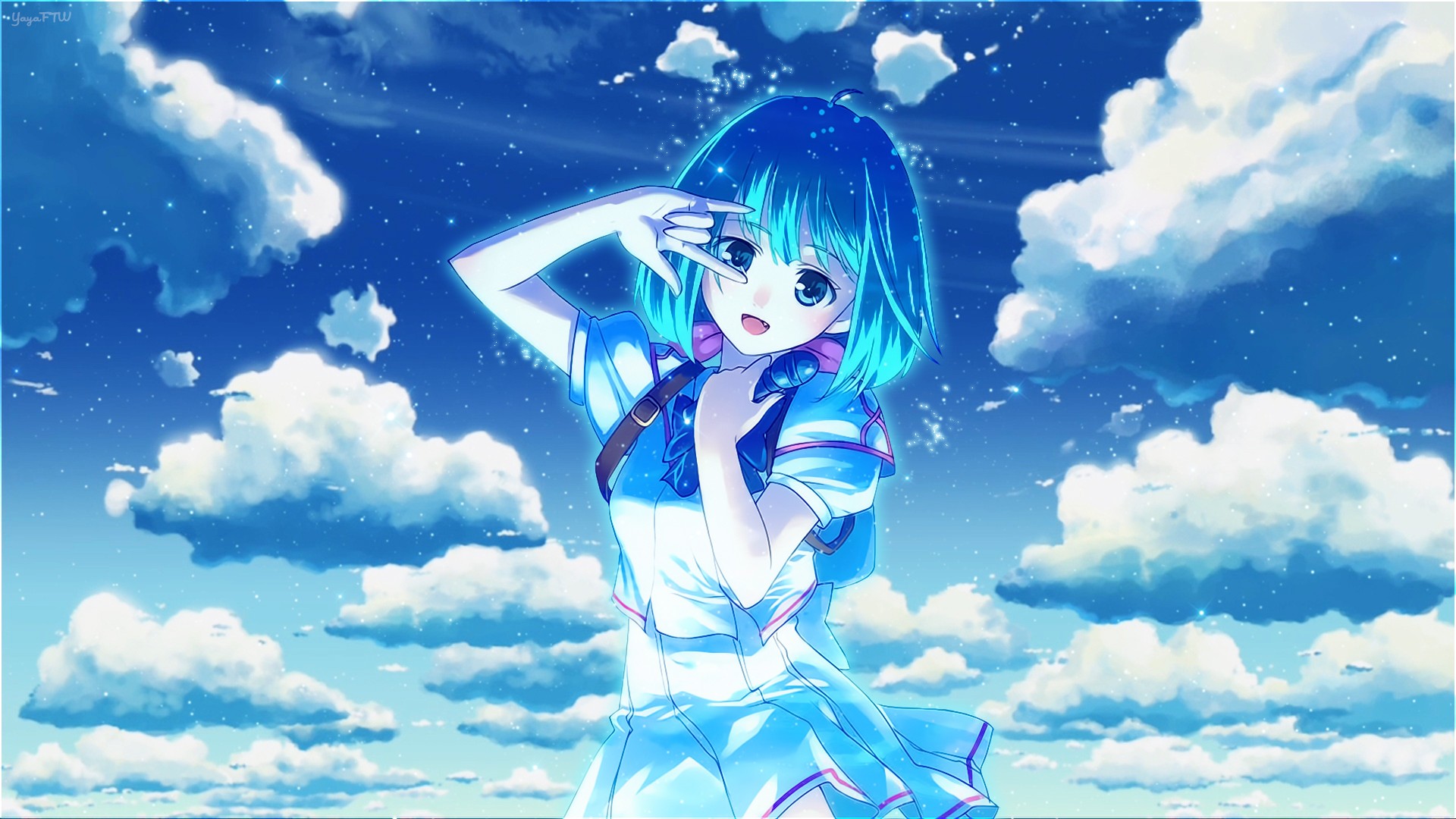 Anime girl with blue hair in the sky HD Wallpaper
