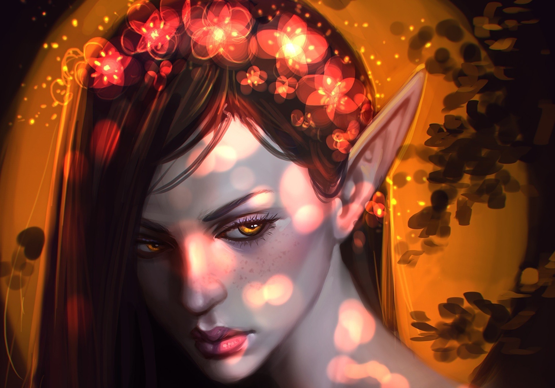 Fantasy art of an elf with a flower crown HD Wallpaper