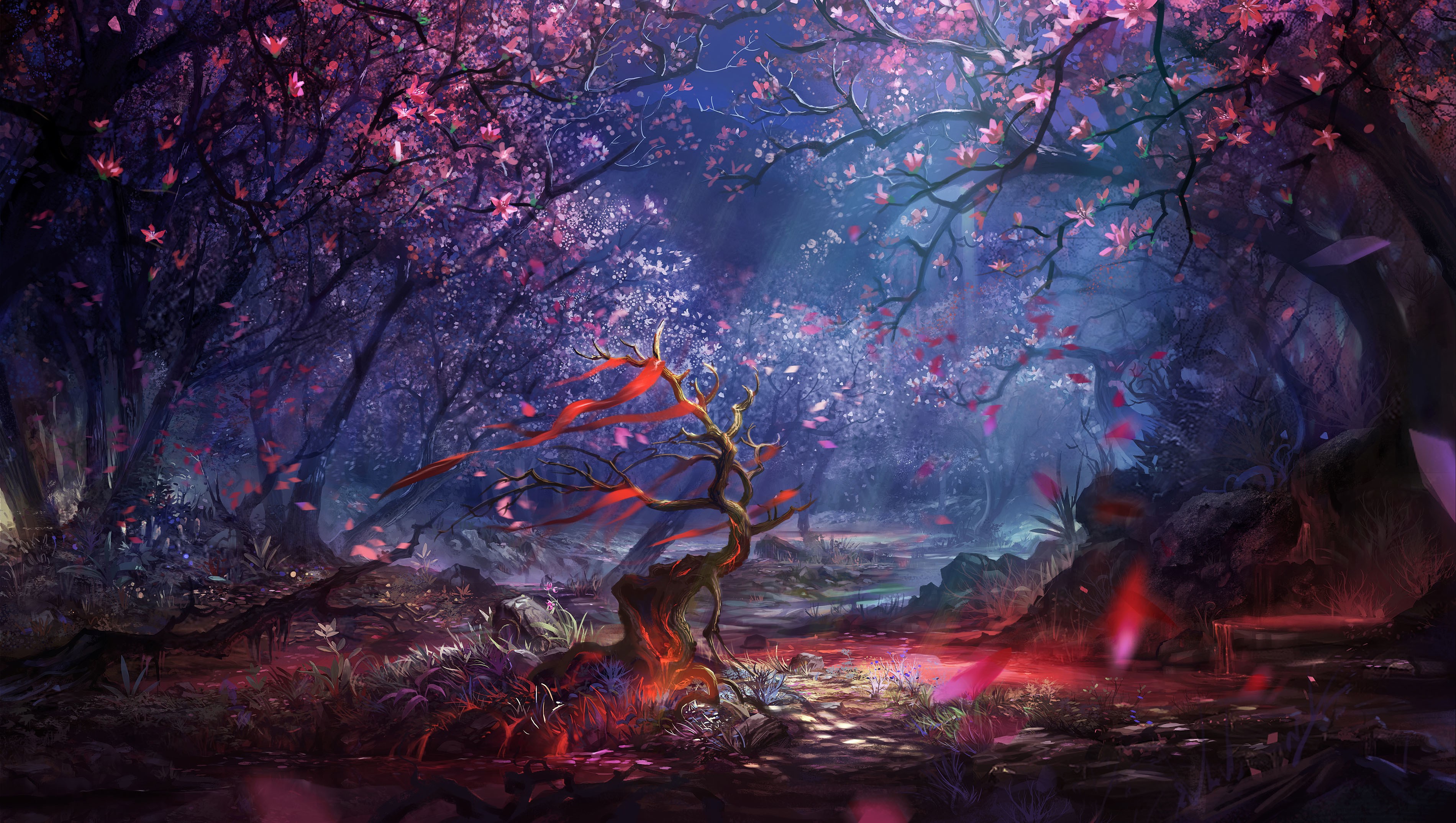 Fantasy forest with pink and purple trees HD Wallpaper