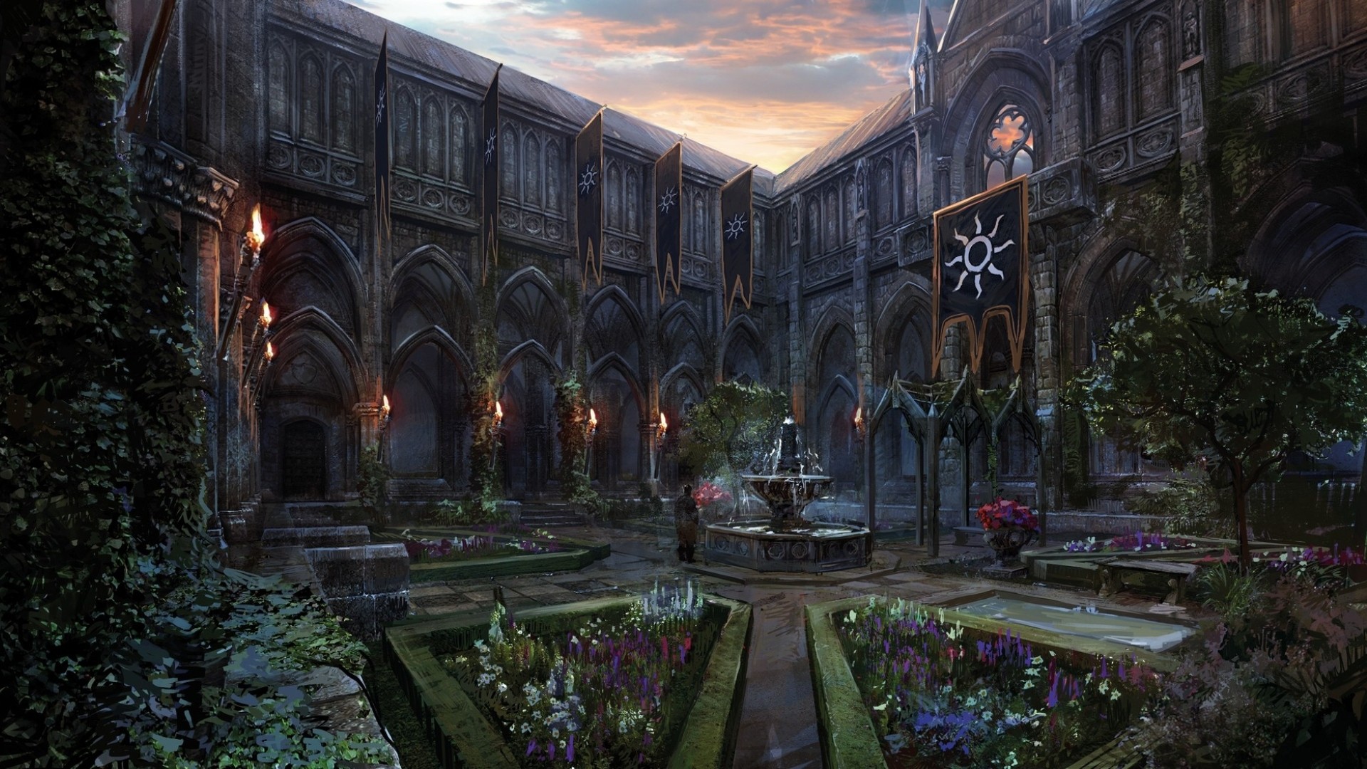 Gothic courtyard with banners and fountain HD Wallpaper