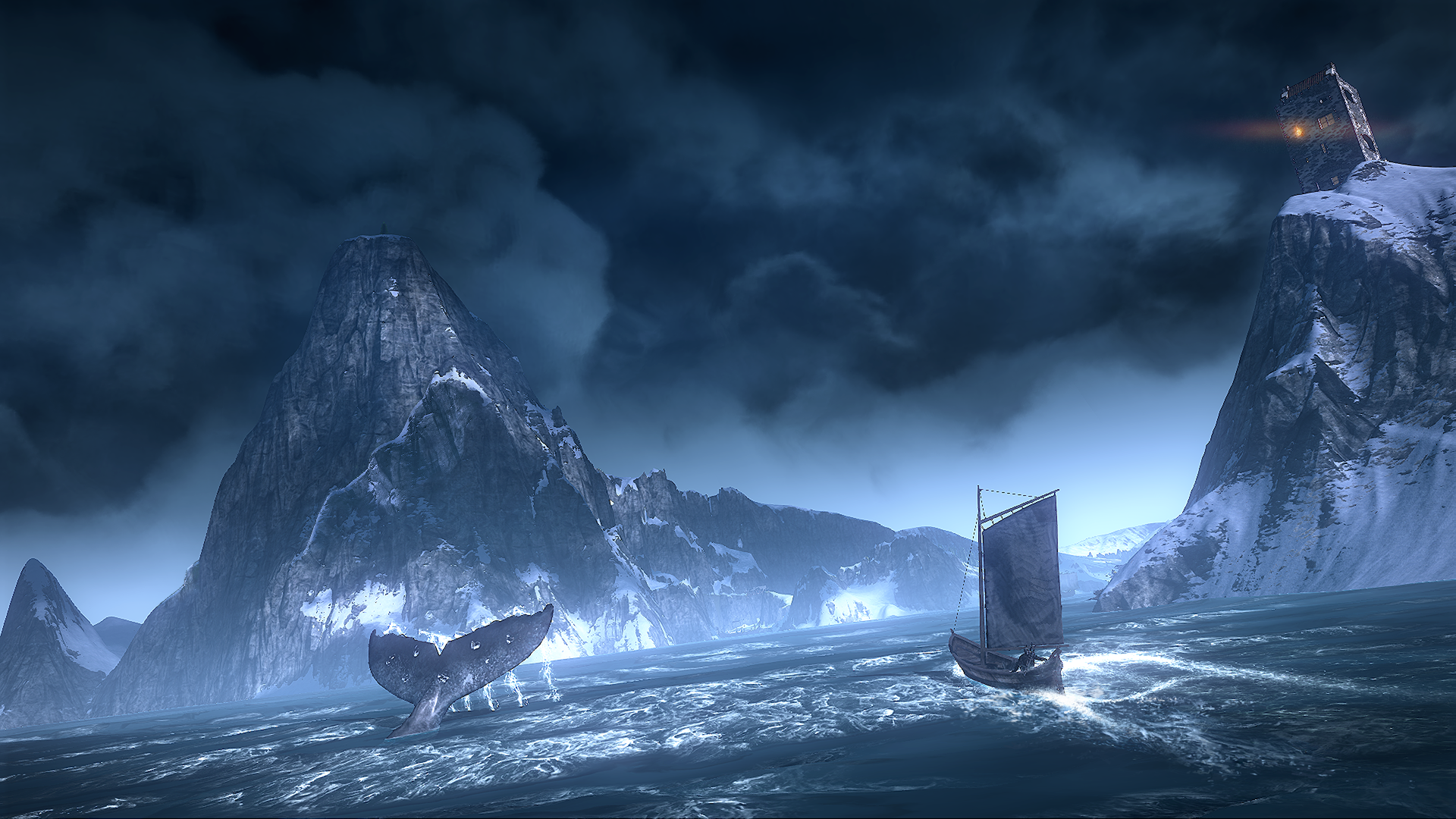 The Witcher 3: Wild Hunt - Whale and Ship in Snowy Mountains HD Wallpaper