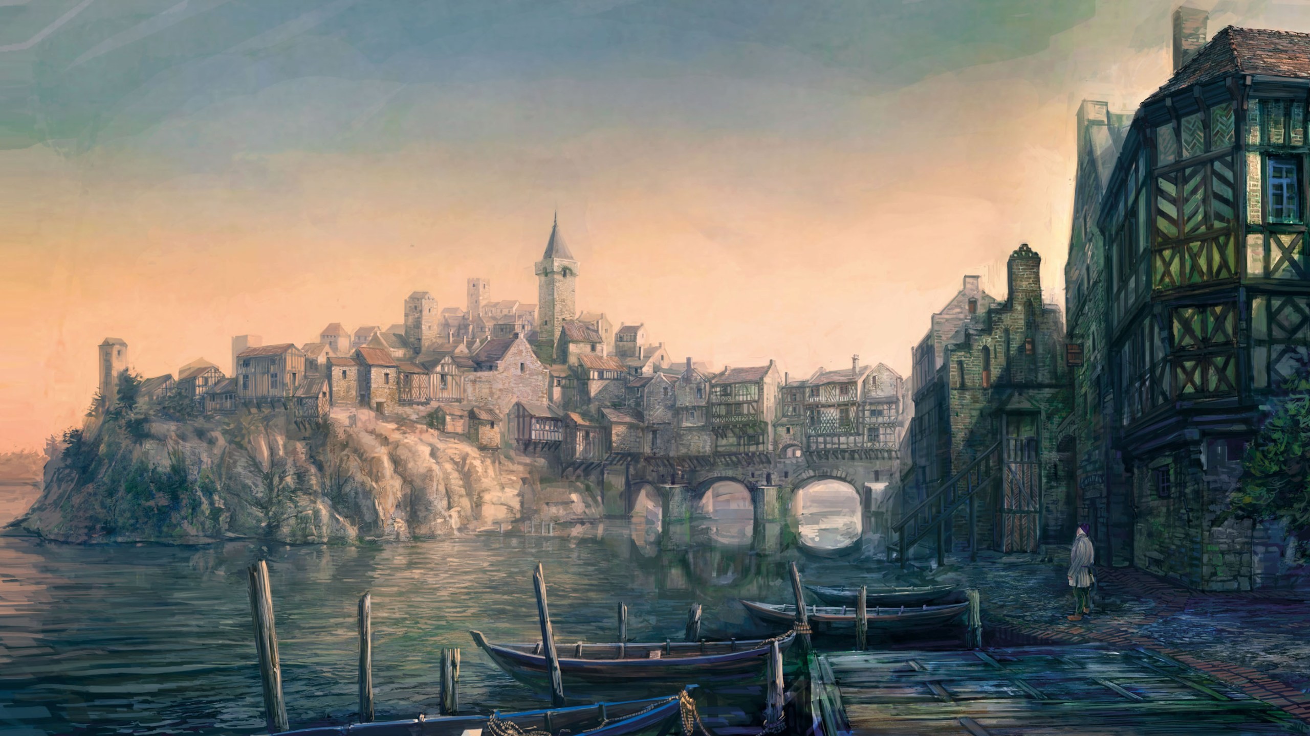 The Witcher 3: Wild Hunt - Geralt in a medieval city HD Wallpaper