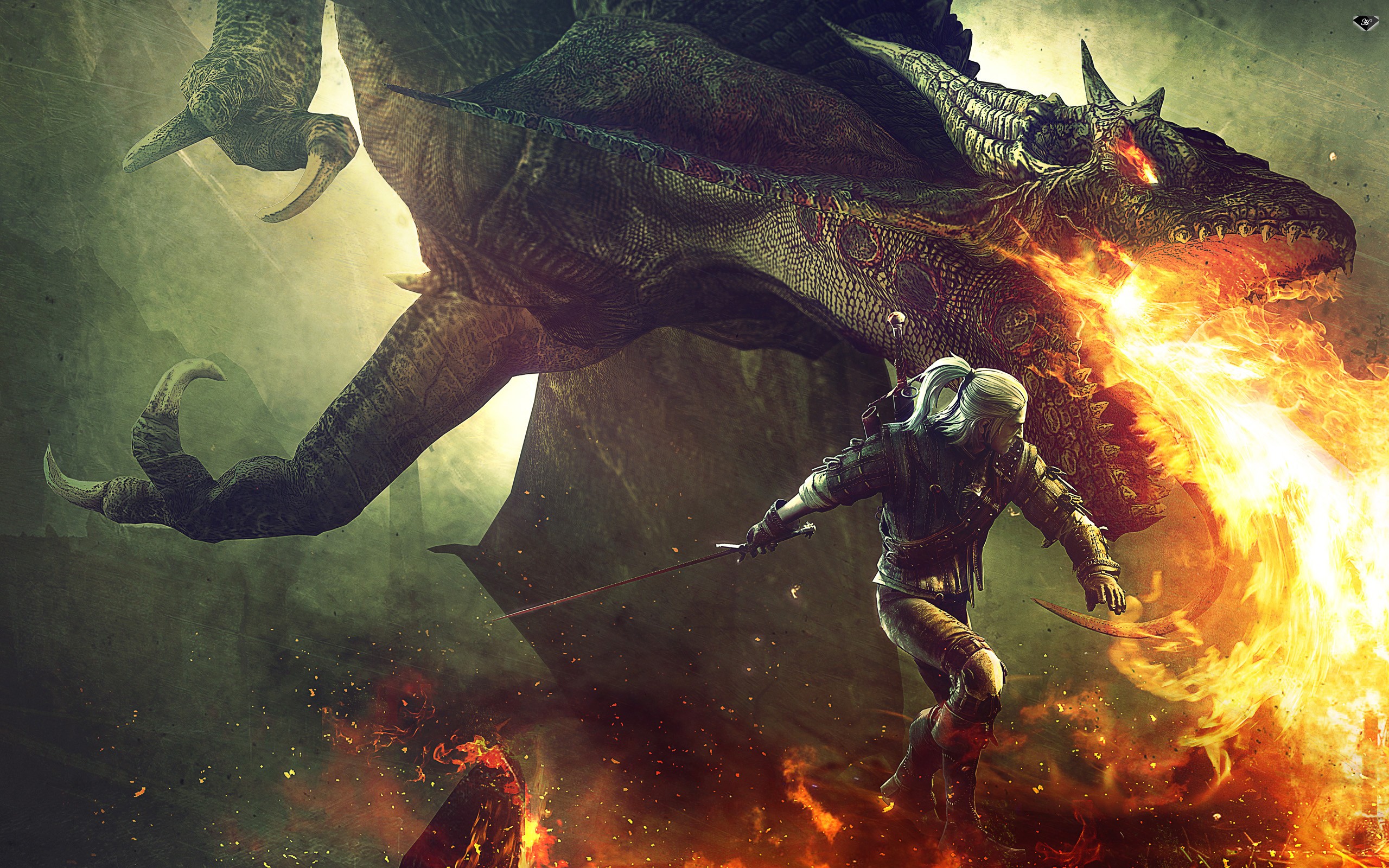 Geralt of Rivia fights a dragon in The Witcher 2 HD Wallpaper