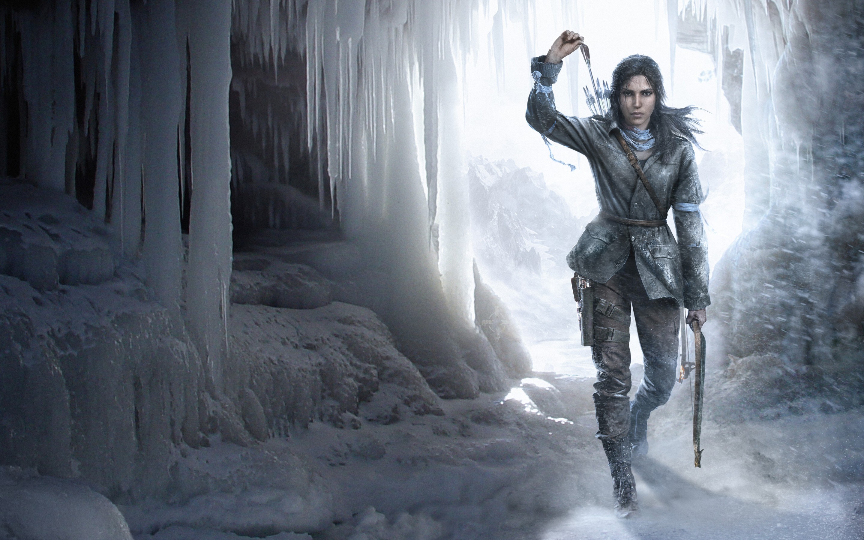 Lara Croft in a snowy cave with icicles HD Wallpaper