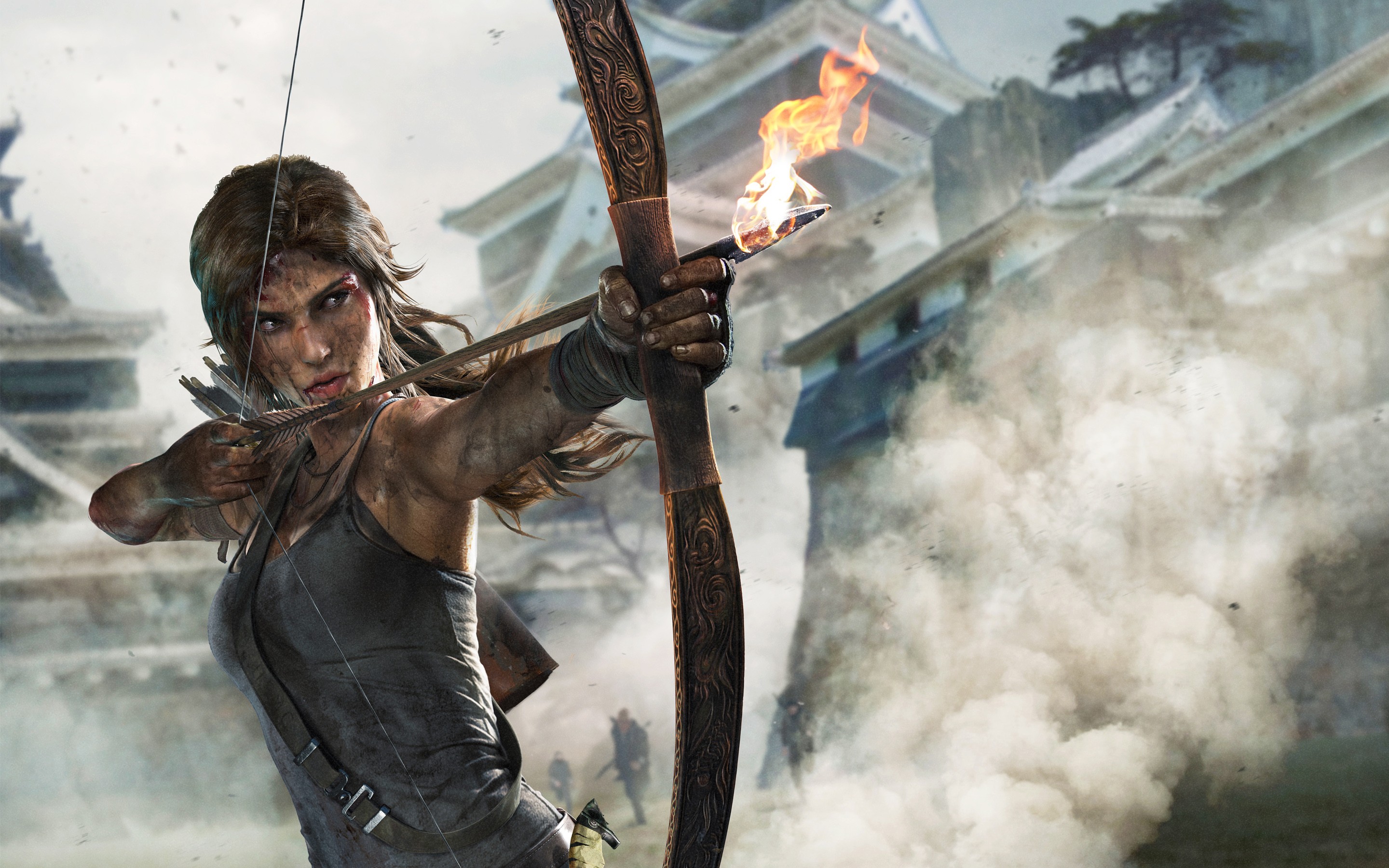 Lara Croft aims a flaming arrow in Tomb Raider HD Wallpaper