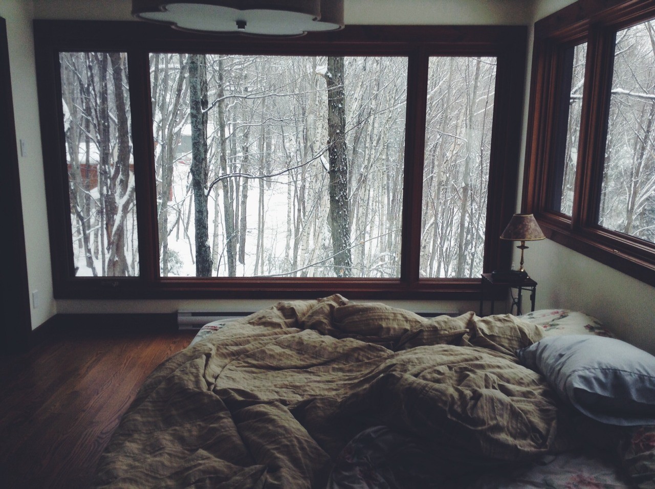 Cozy bed with a view of a snowy forest HD Wallpaper