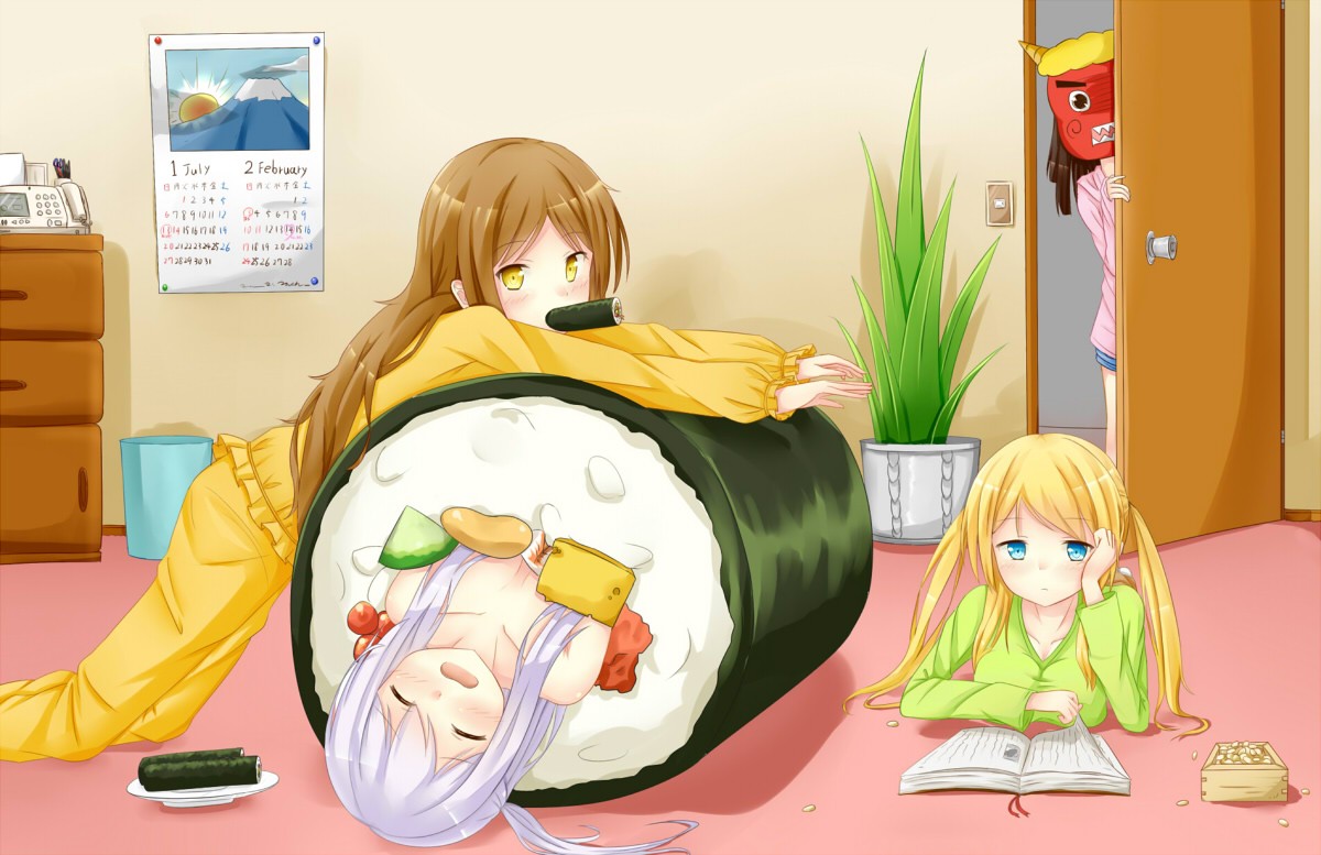 Anime girls in pajamas with a giant sushi roll HD Wallpaper