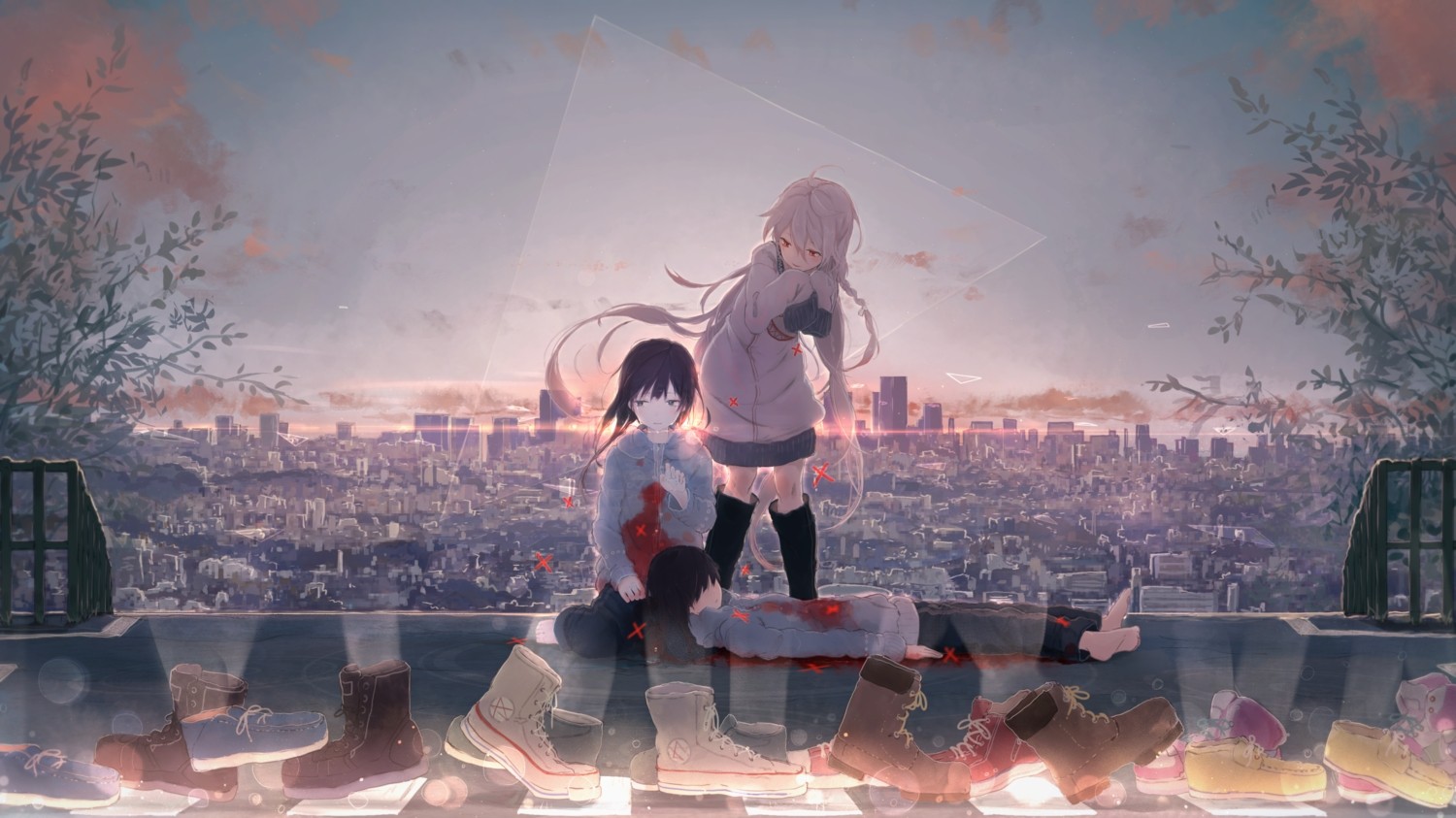 Anime girls with blood in a city at sunset HD Wallpaper