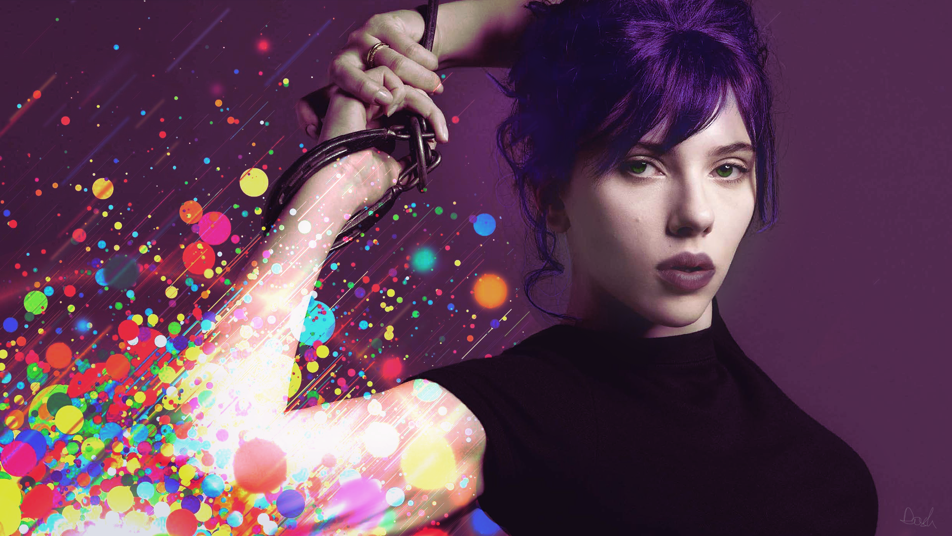 Scarlett Johansson with purple hair and colorful abstract elements HD Wallpaper