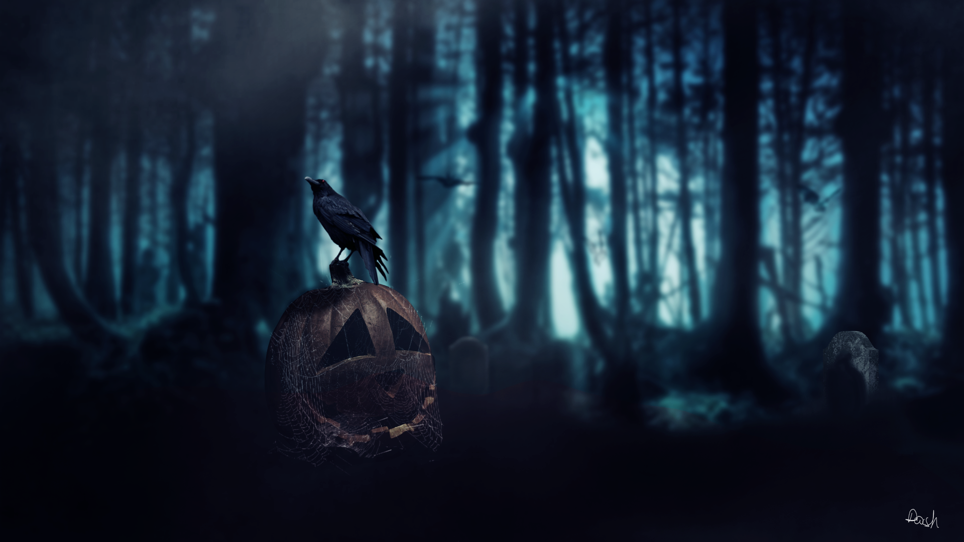 Crow on a Halloween pumpkin in a dark forest HD Wallpaper