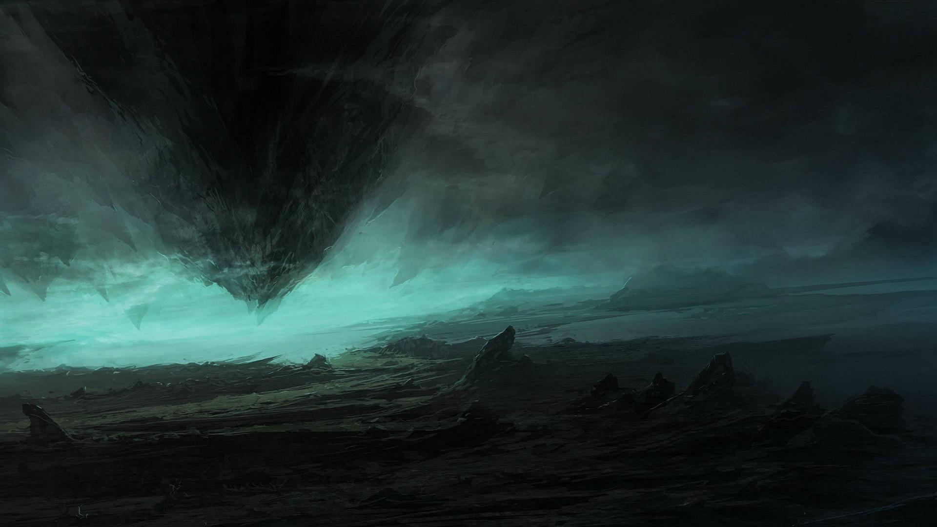 Dark alien landscape with floating rock formations HD Wallpaper