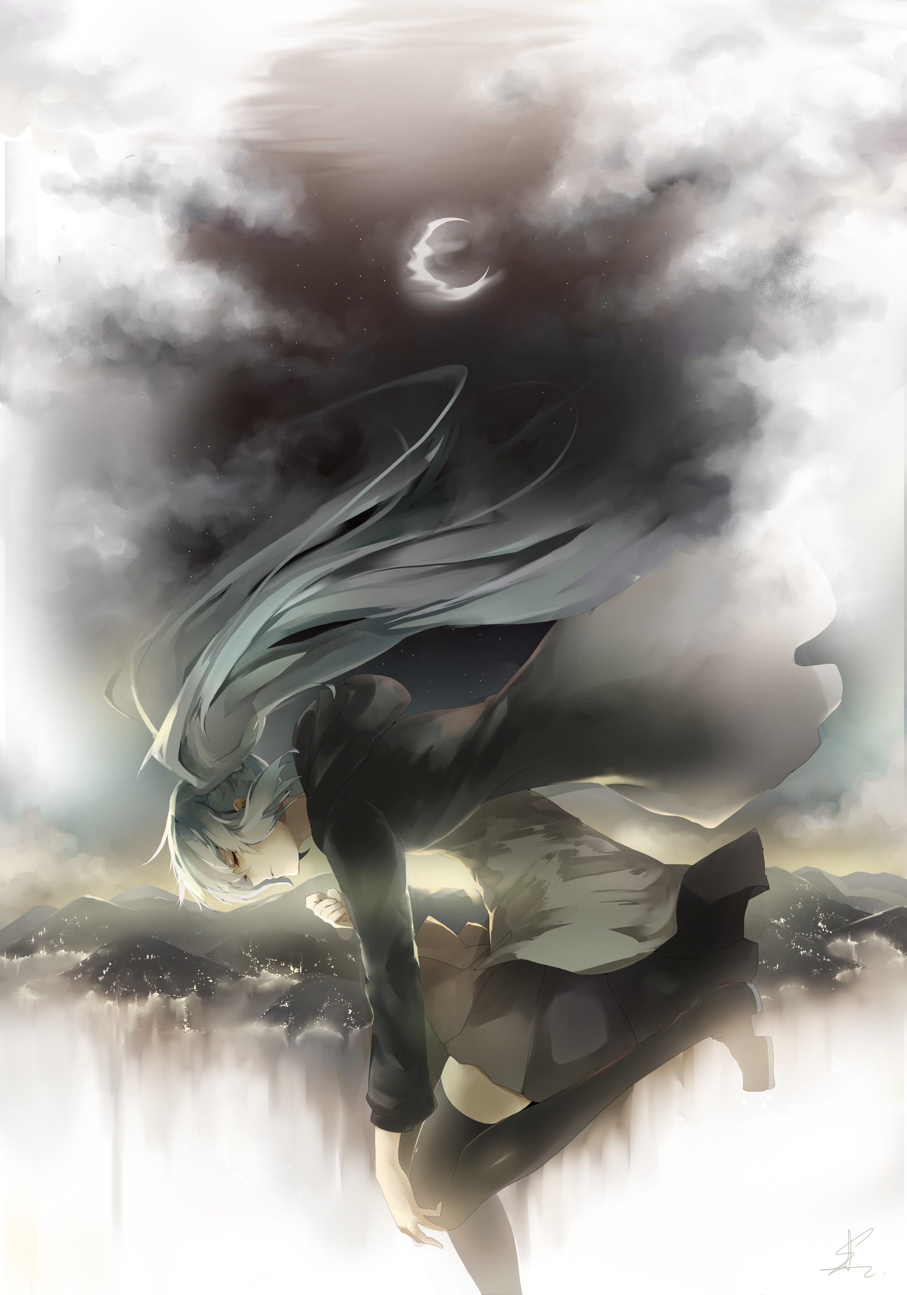 Hatsune Miku with long hair under the moon HD Wallpaper
