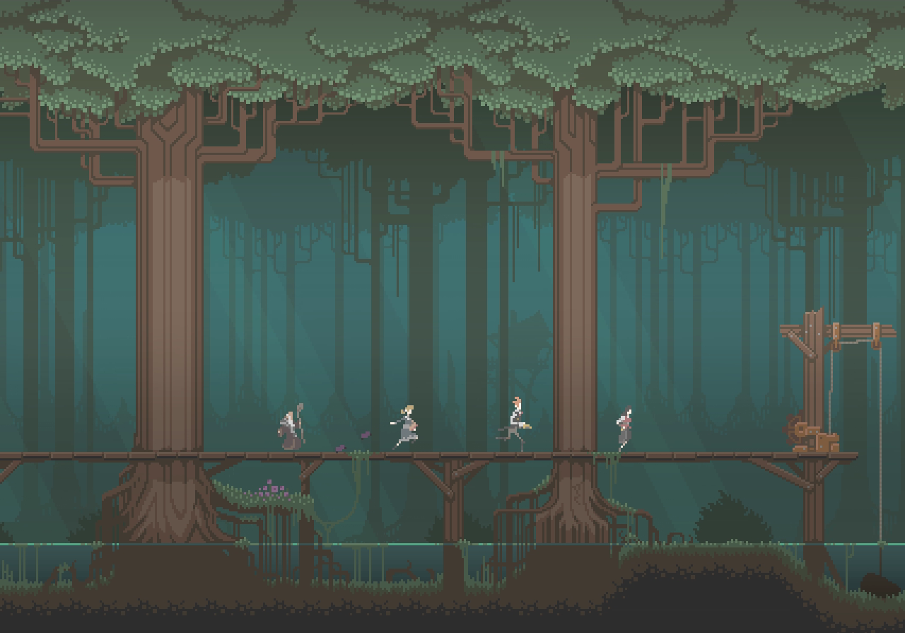 Pixel art characters on a wooden bridge in a swamp forest HD Wallpaper