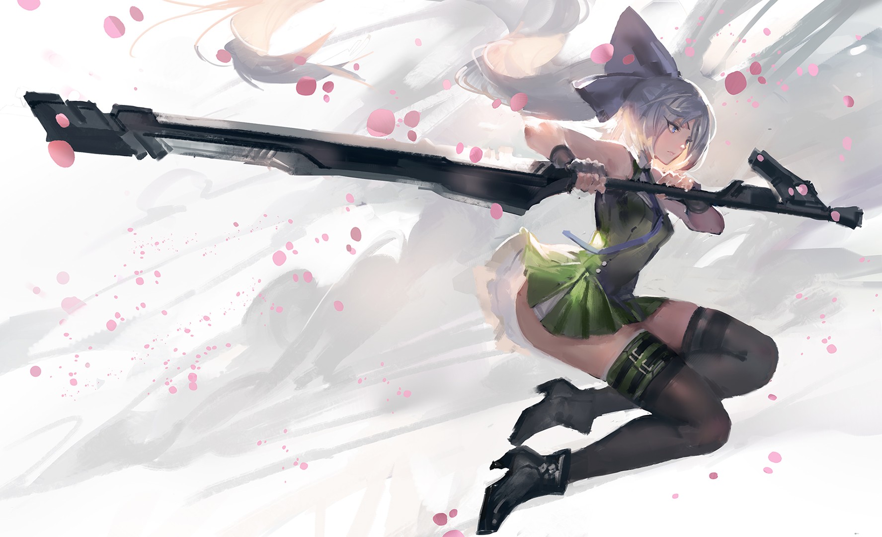 Anime girl with white hair holding a large rifle HD Wallpaper