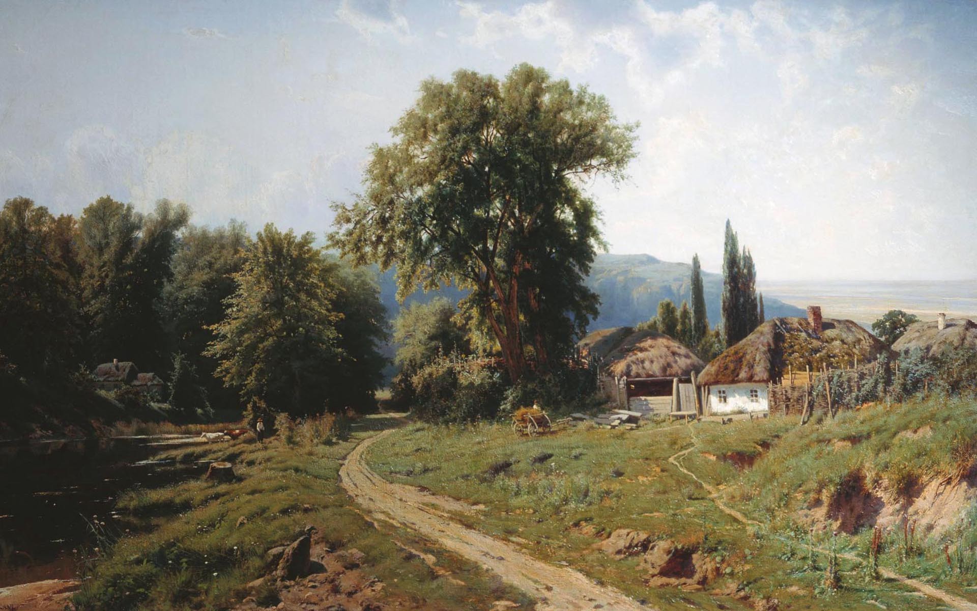 Rural landscape with thatched-roof houses and a large tree HD Wallpaper