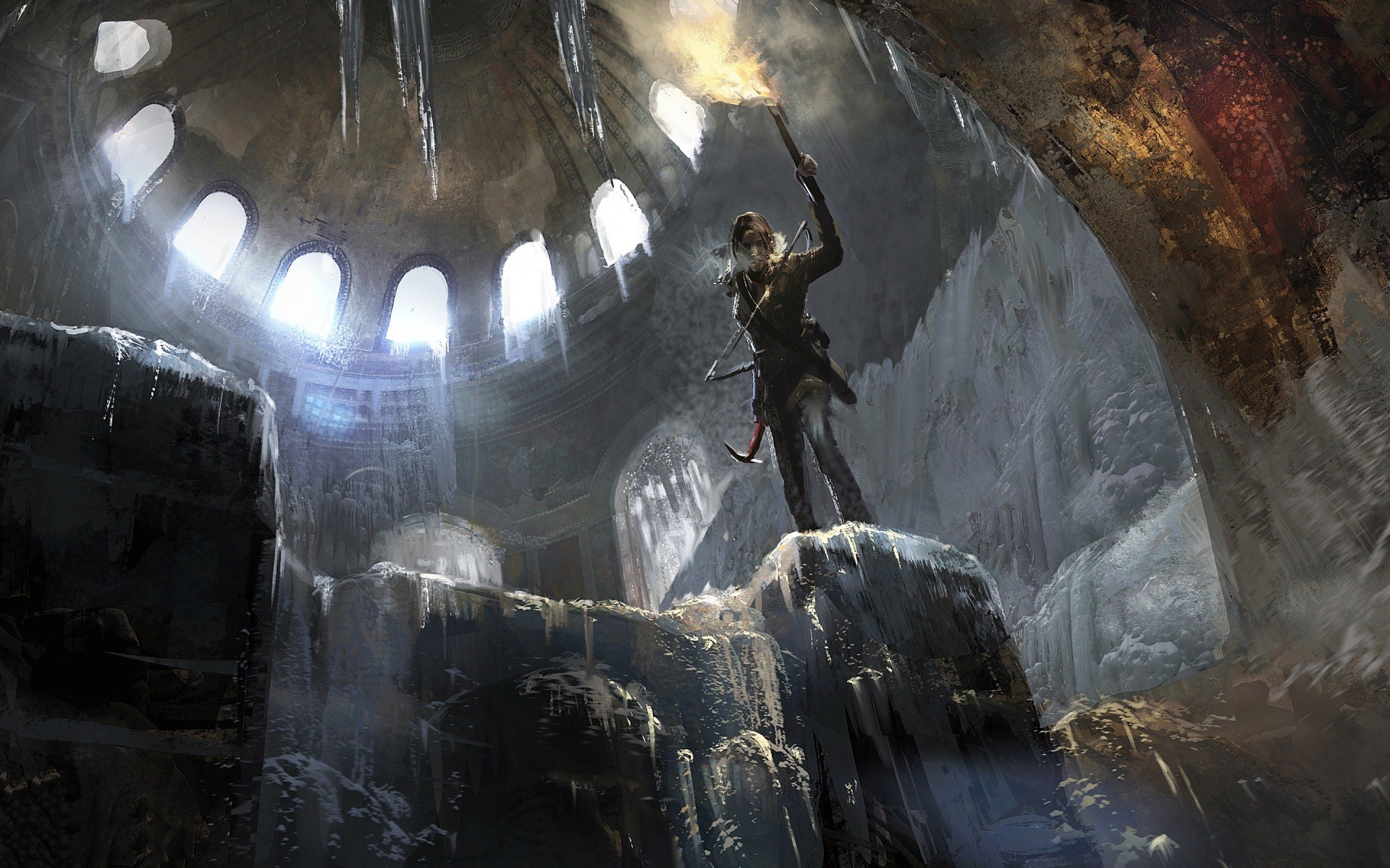 Lara Croft in an icy ruin with a torch HD Wallpaper