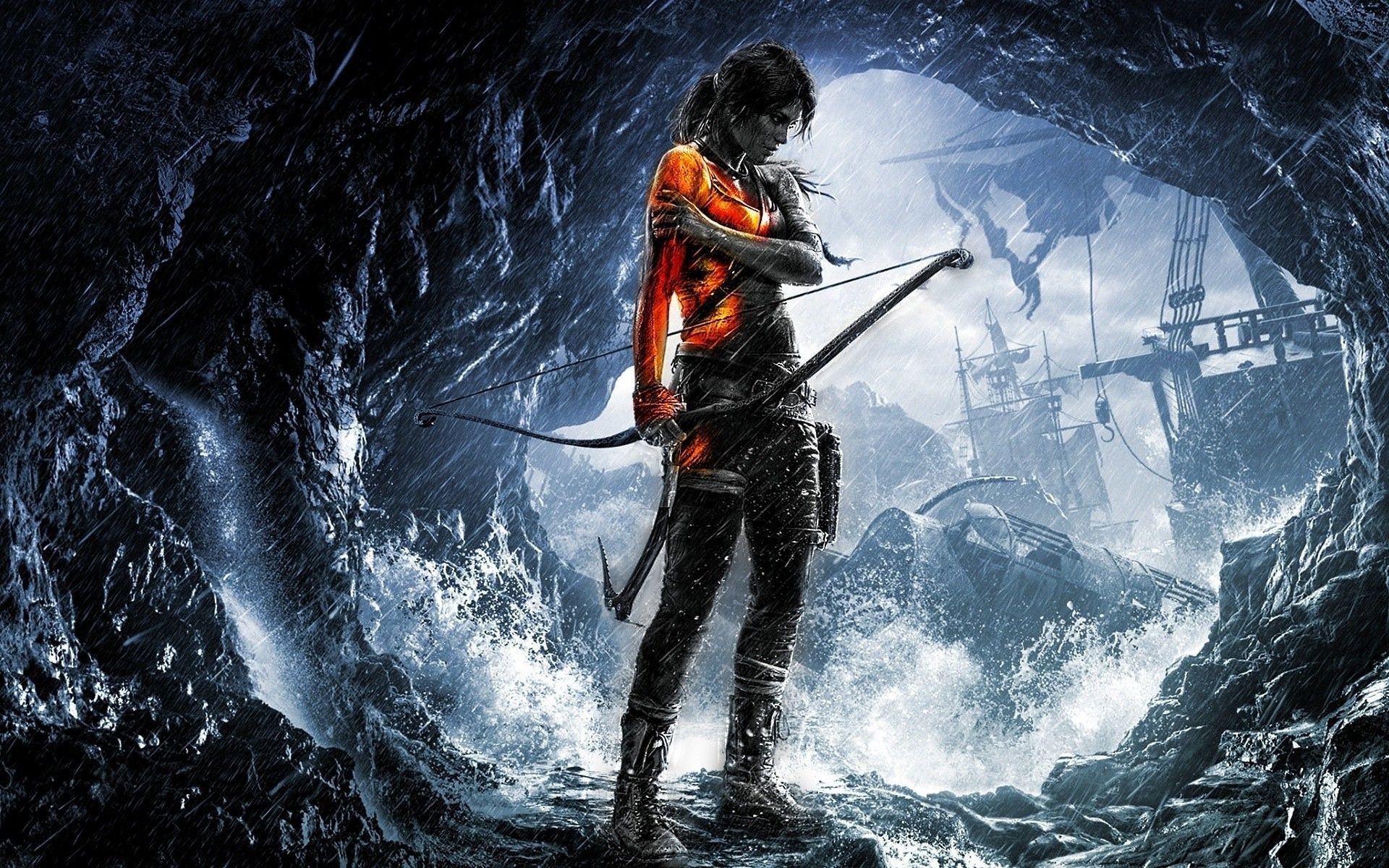 Lara Croft with a bow in a cave HD Wallpaper