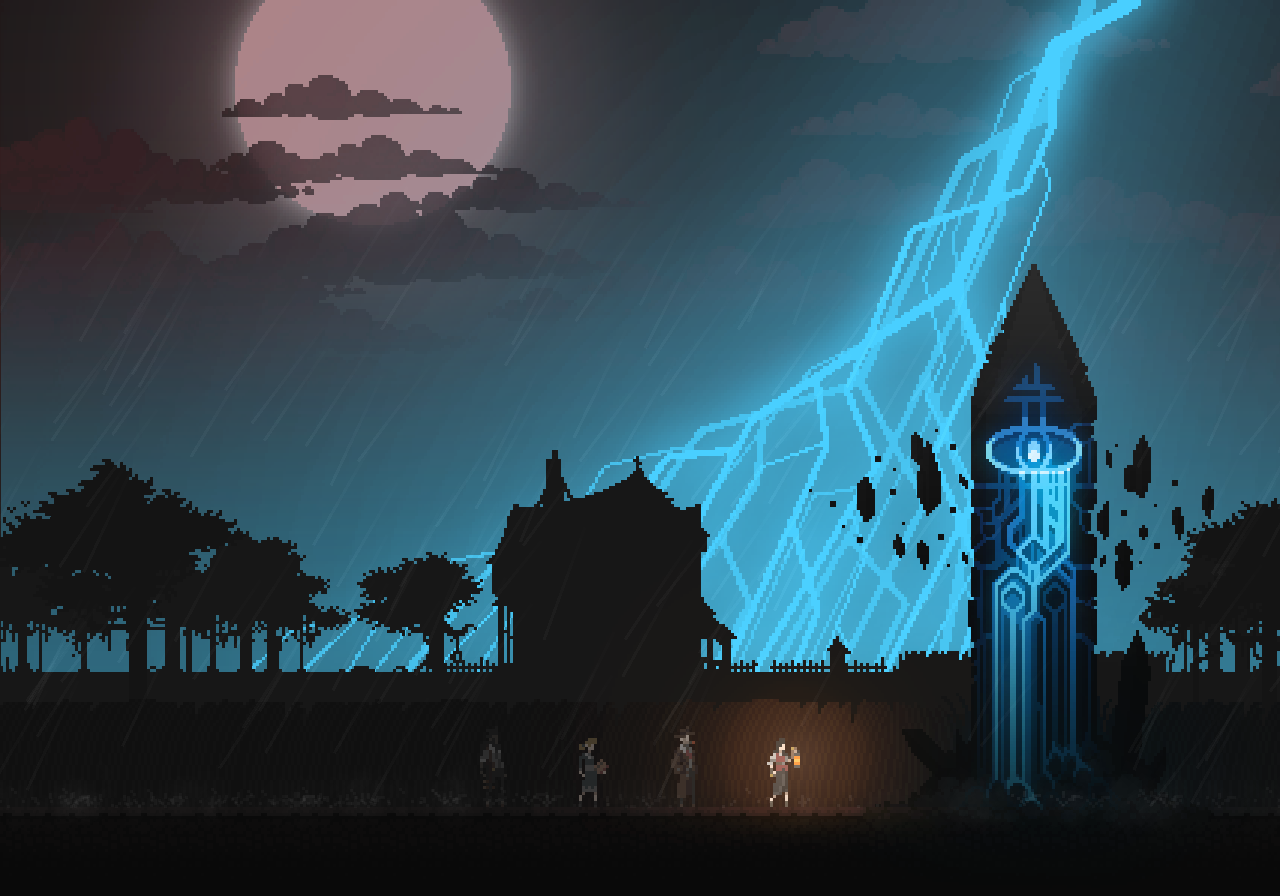Witchmarsh: Lightning strikes a mysterious tower during a storm HD Wallpaper