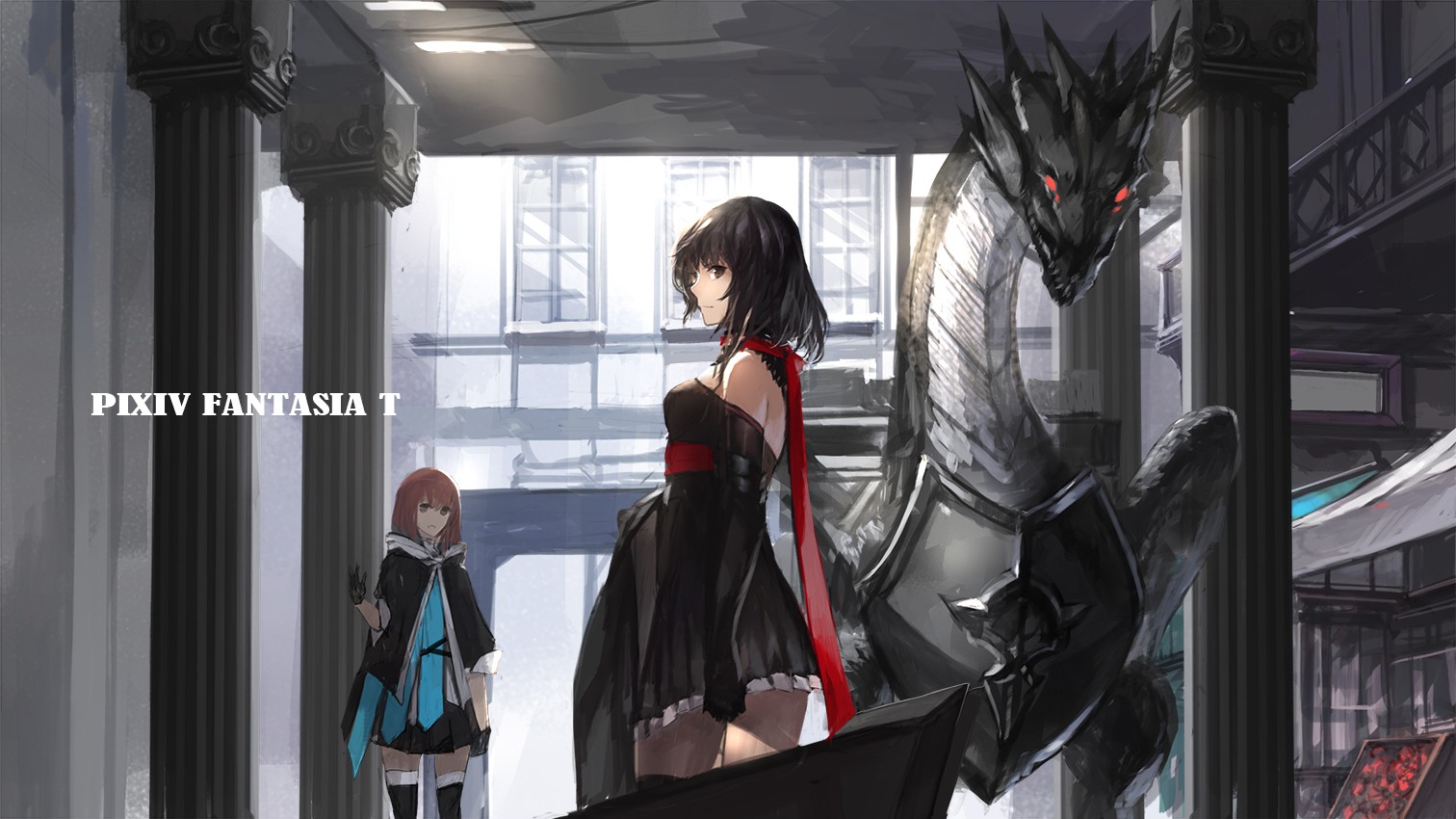 Two girls and a dragon in a building HD Wallpaper