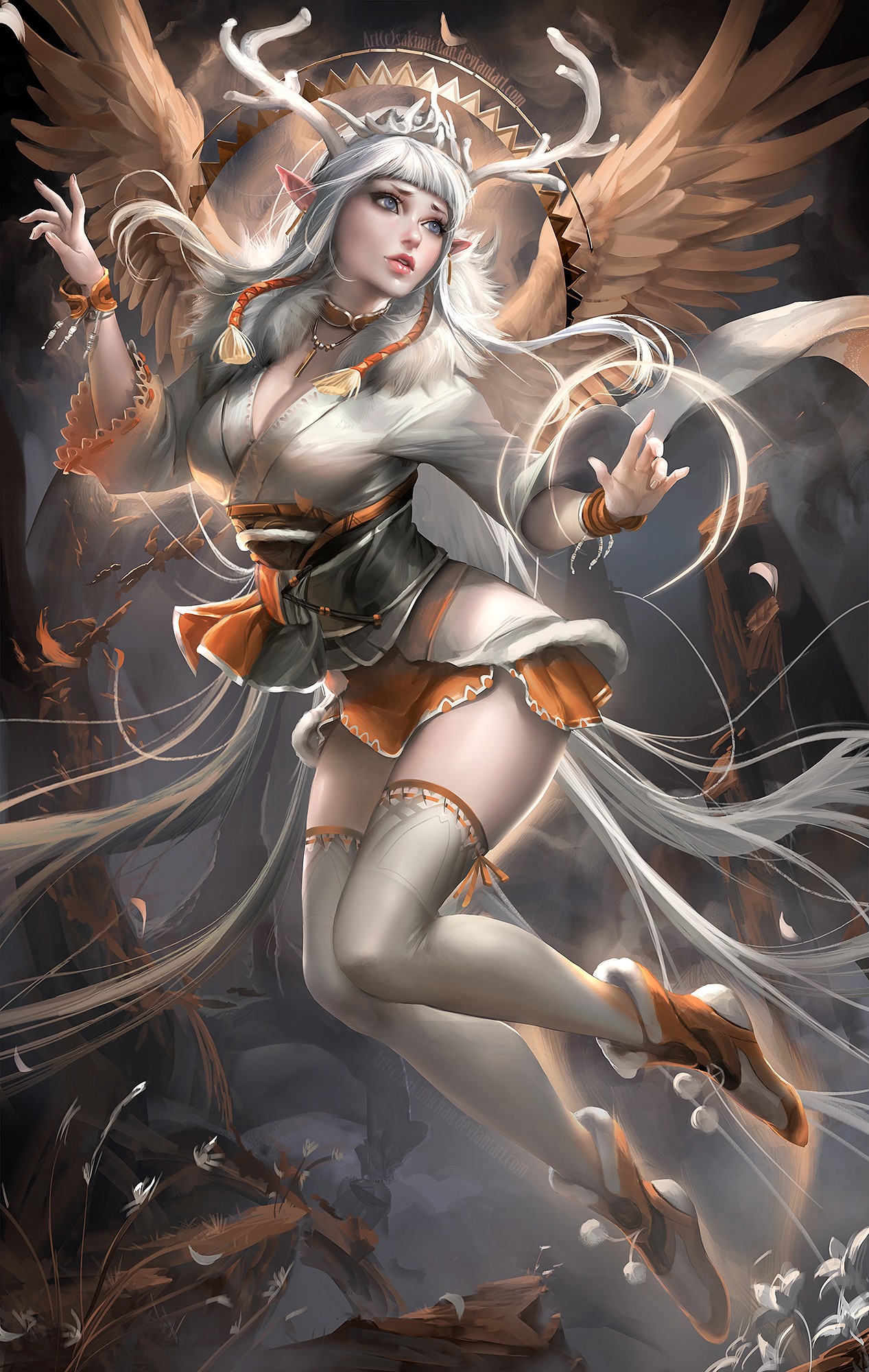 Fantasy woman with antlers and wings HD Wallpaper