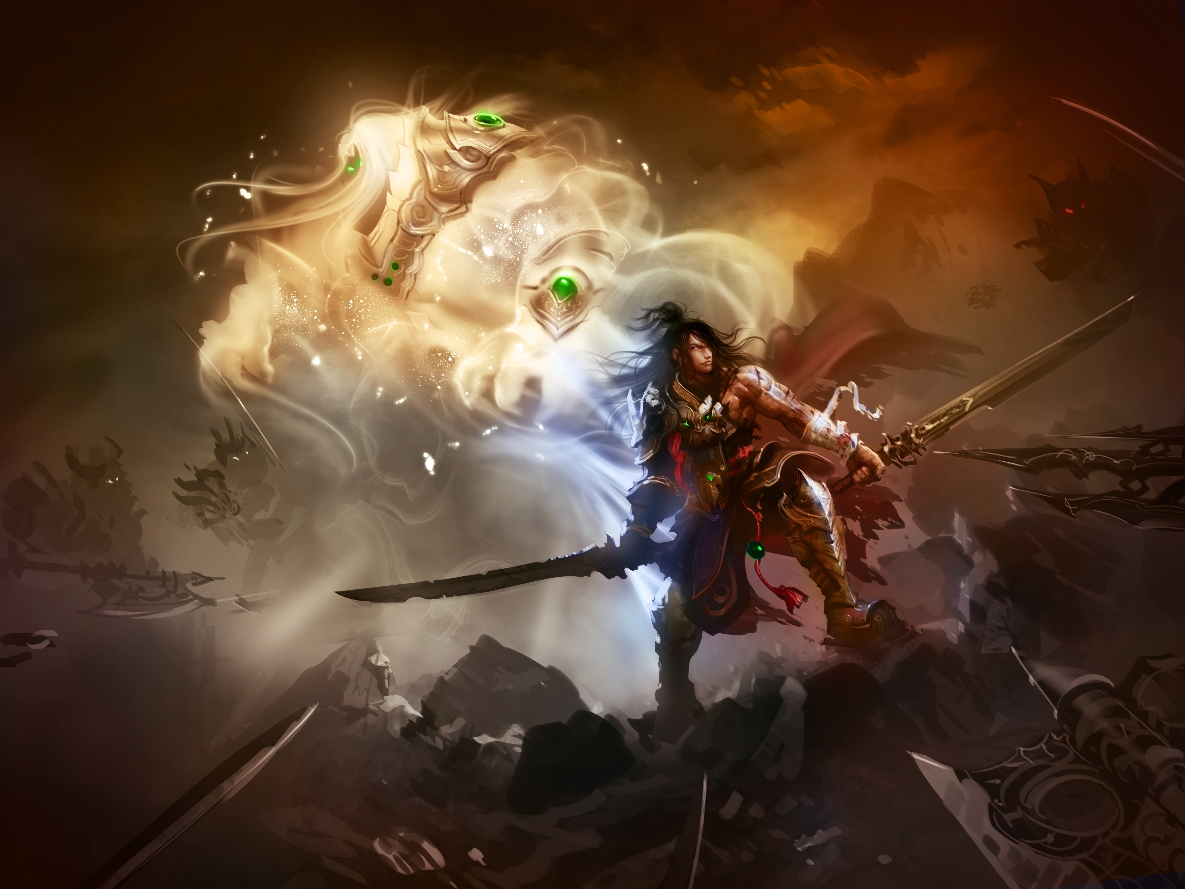 Fantasy warrior with swords and ethereal beings HD Wallpaper