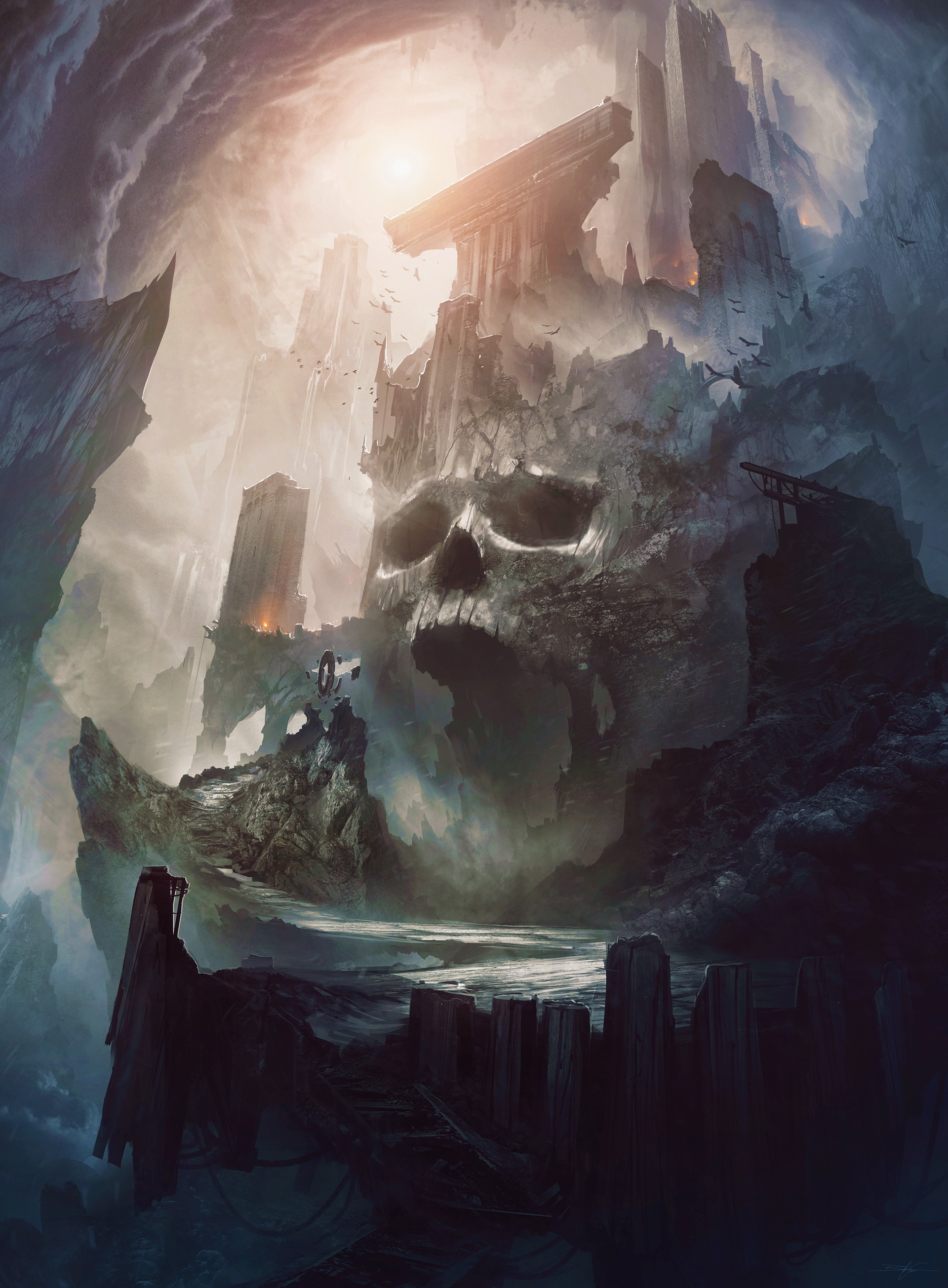 A giant skull-shaped mountain in a dark fantasy landscape HD Wallpaper