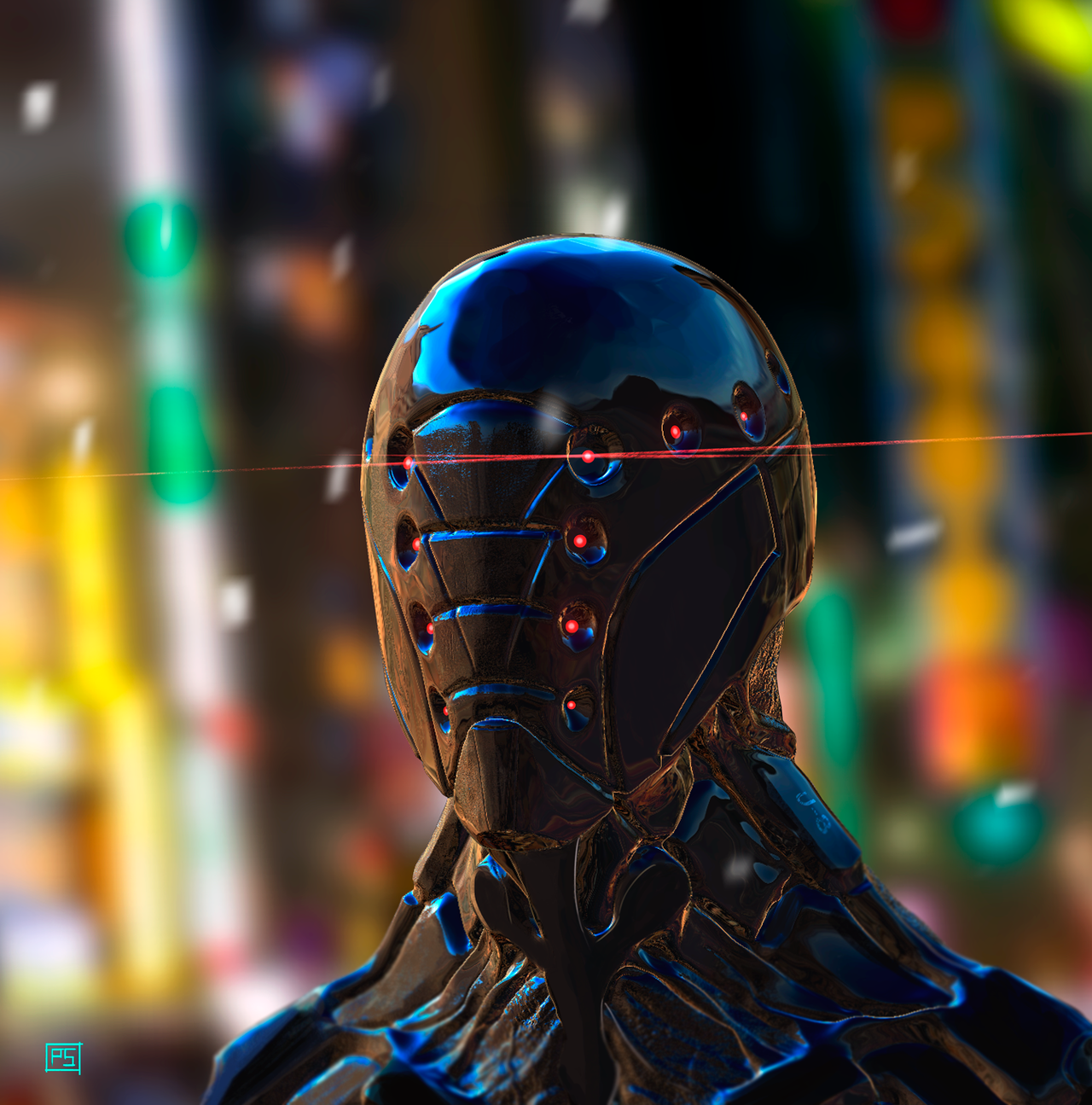 Artwork of a futuristic robot with red eyes HD Wallpaper