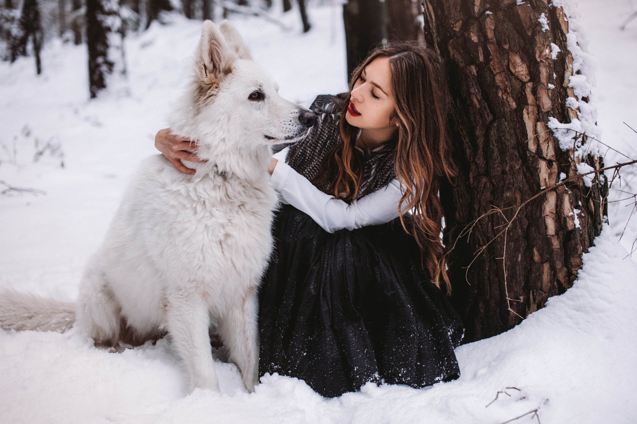Woman and German Shepherd in a snowy forest HD Wallpaper