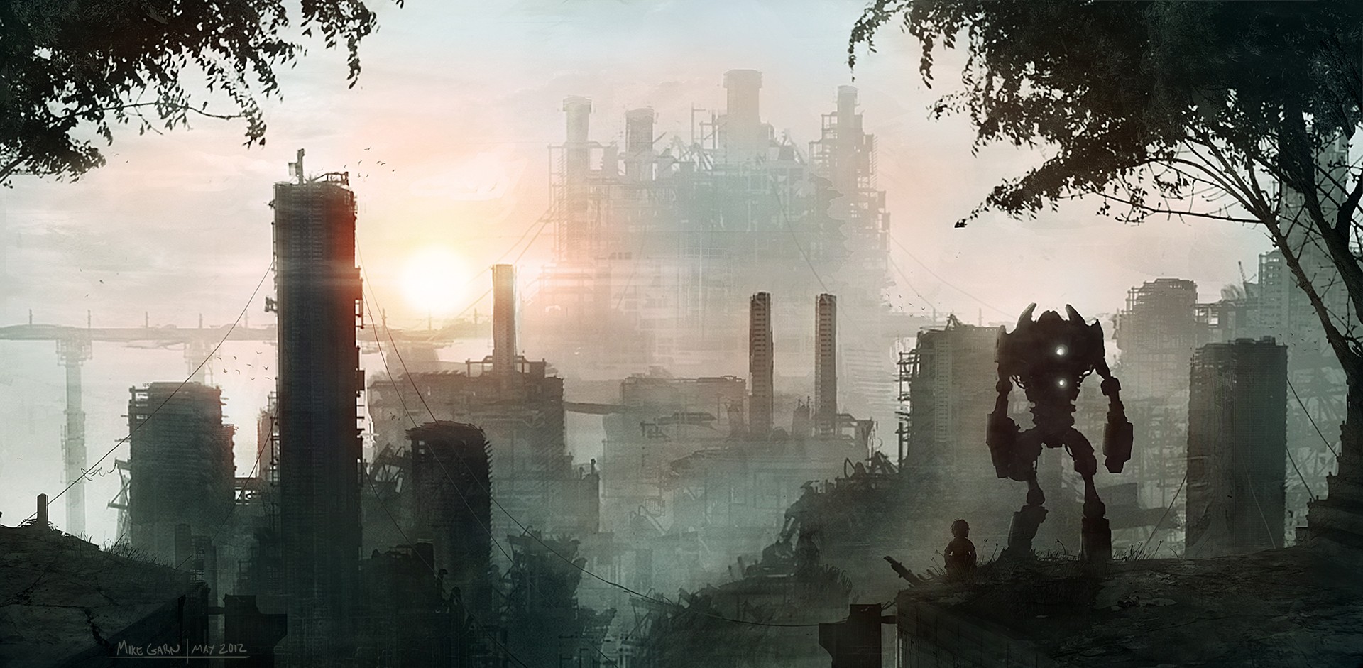 Robot and child in a post-apocalyptic city HD Wallpaper