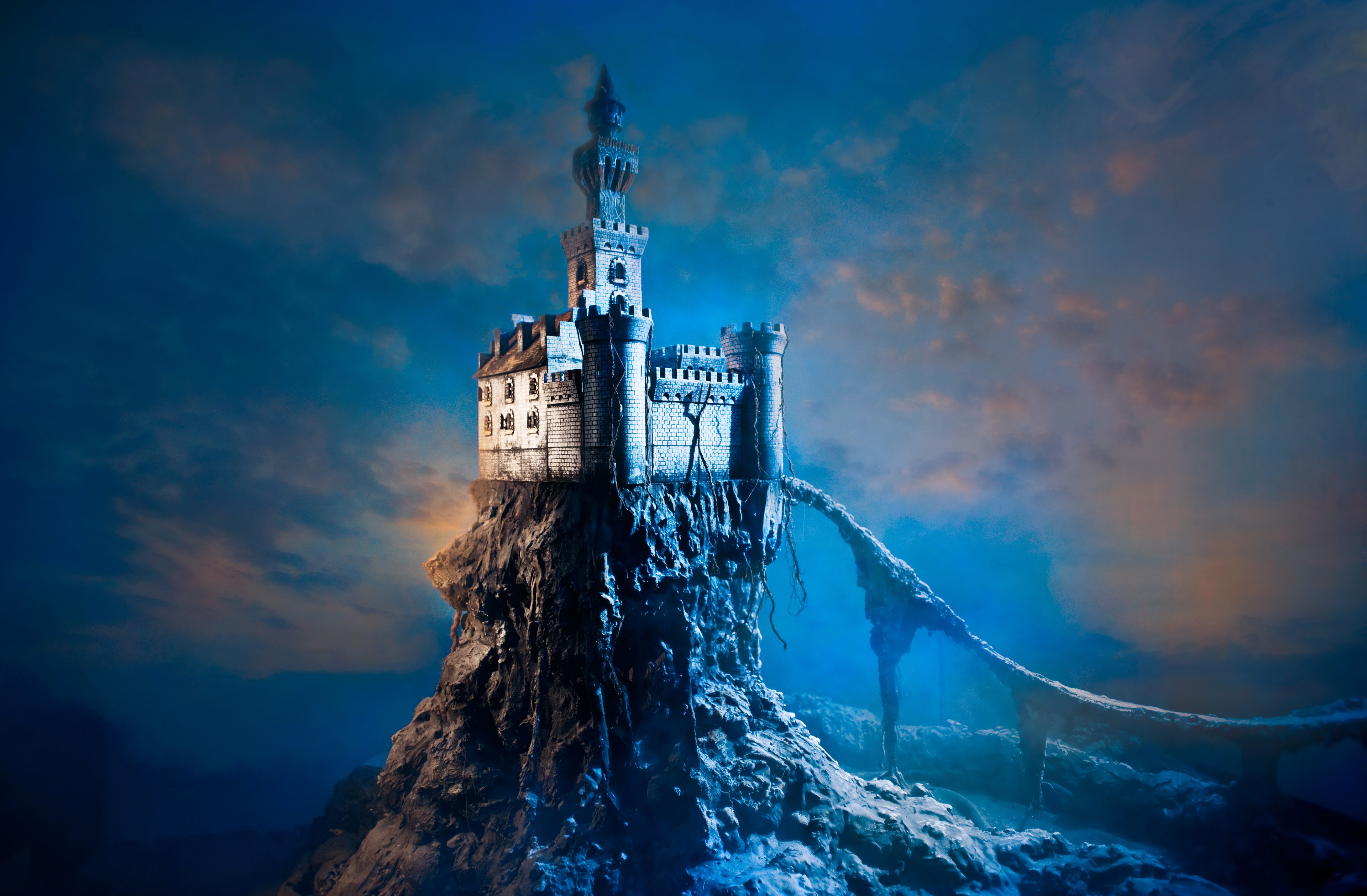Fantasy castle on a rocky cliff HD Wallpaper