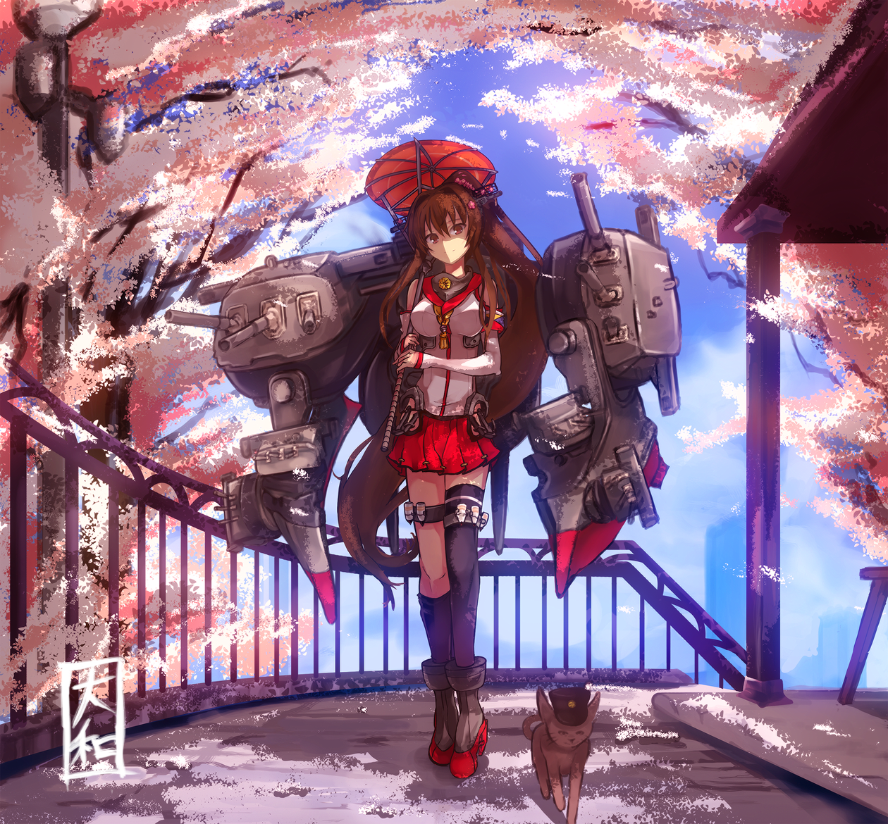 Yamato from Kantai Collection with a cat HD Wallpaper