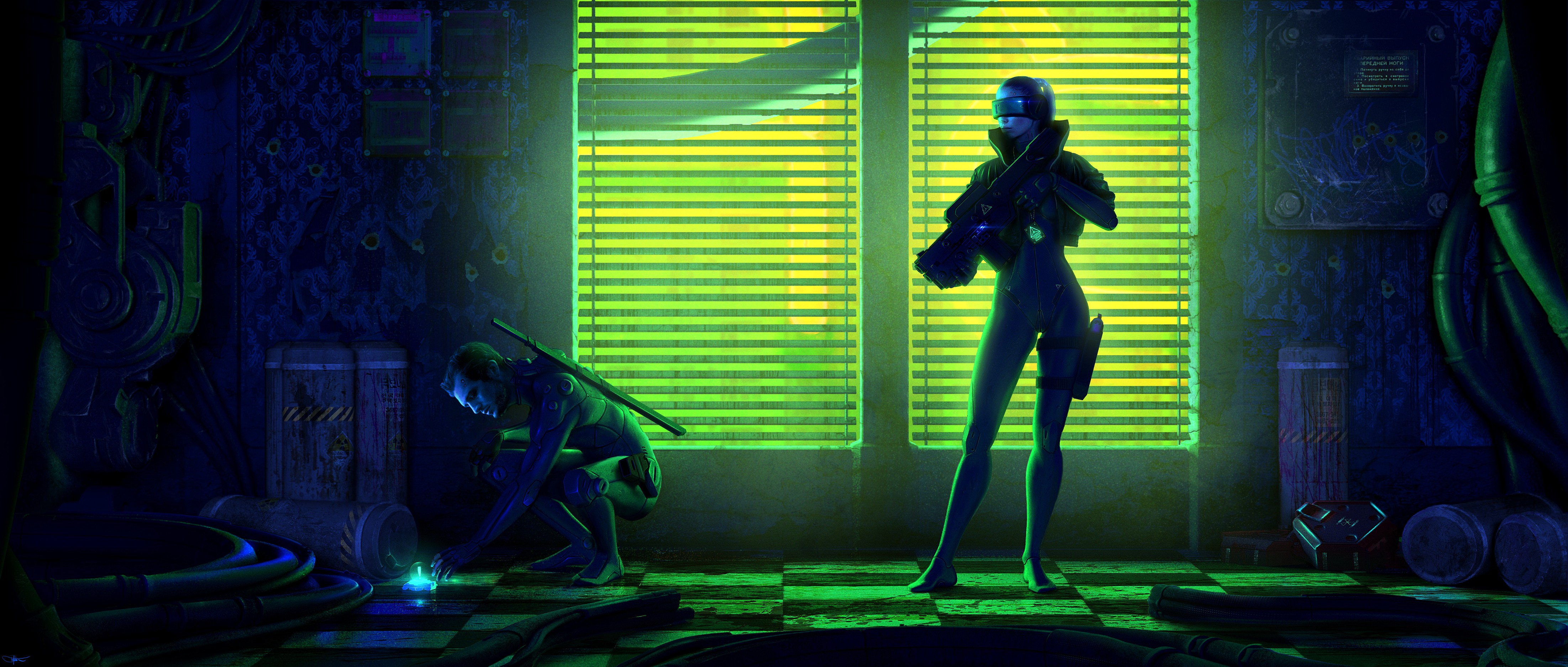Futuristic artwork of two figures in a dimly lit room HD Wallpaper
